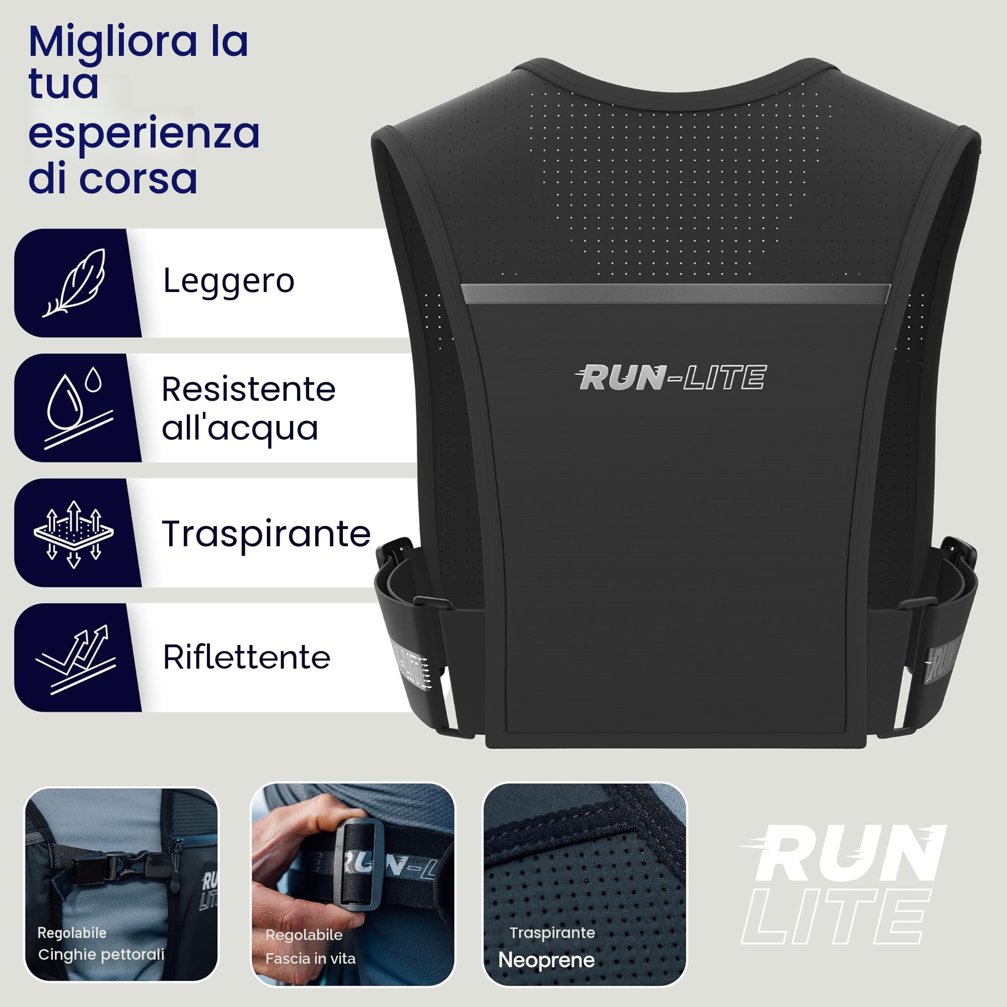 Gilet Running Unisex Impermeabile con Porta Cellulare 5 Tasche Riflettente per Corsa Jogging M/L (84-112 cm)