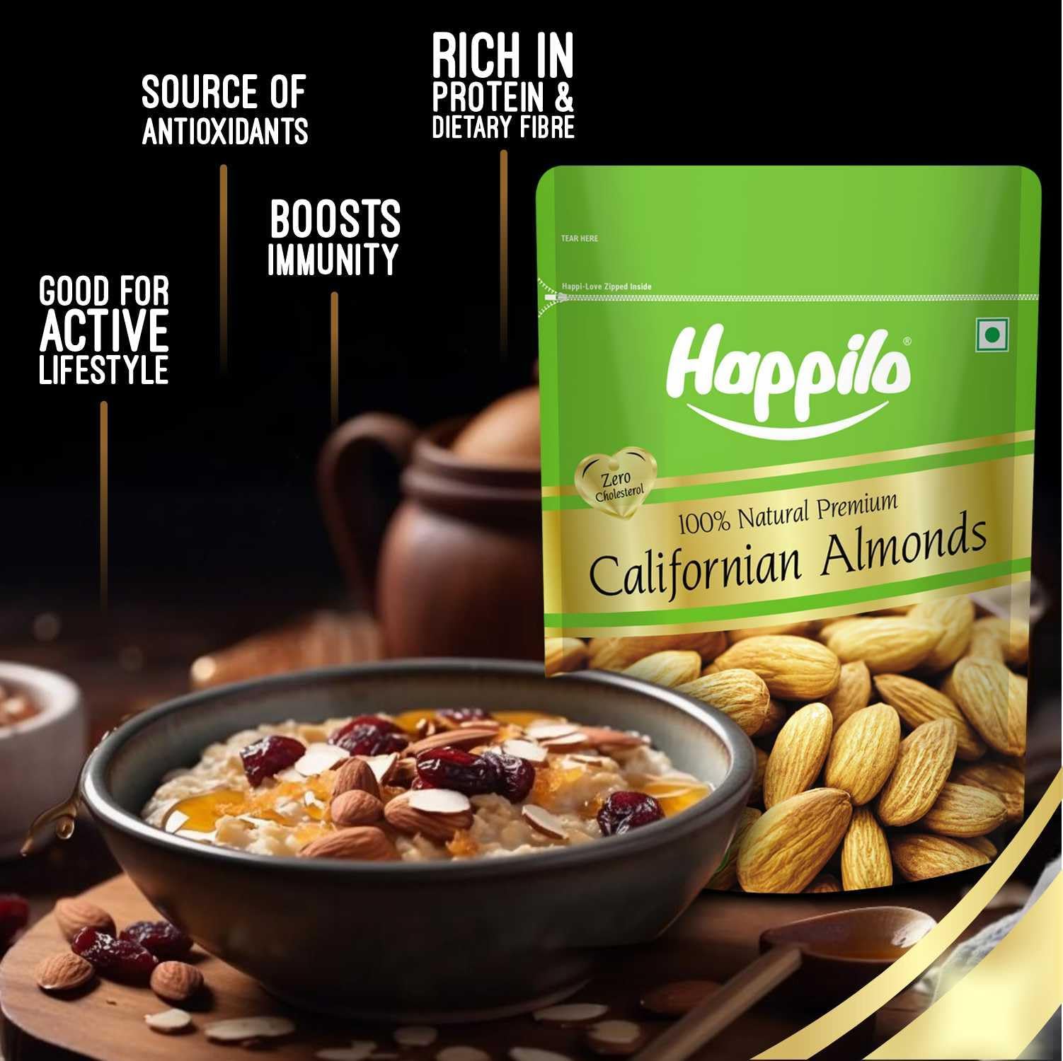 Happilo Premium Natural Californian Almonds 500g (Pack of 2) | Badam Giri, Healthy Snacks, Dry Fruits | Crunchy Nuts | High in Fiber | Rich in Protein | Magnesium | Phosphorus | Zero Cholesterol