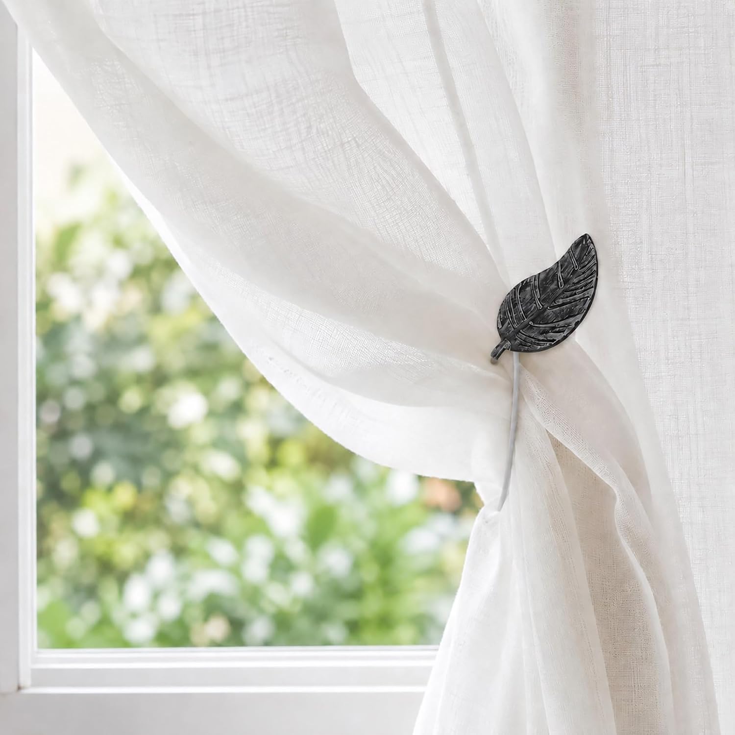 Set of 2 Magnetic Wooden Leaf Curtain Tiebacks - Black/Silver