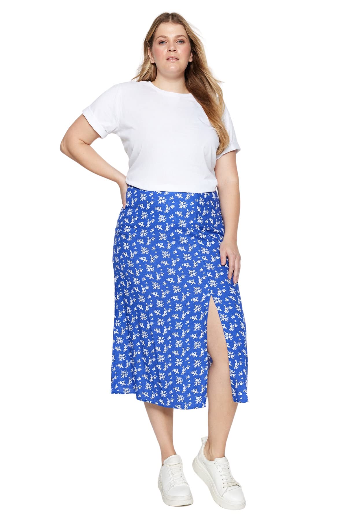 Trendyol Women's Blue Woman Plus Size Midi A-Line Slit Skirt Woven Plus Size Skirt,,48