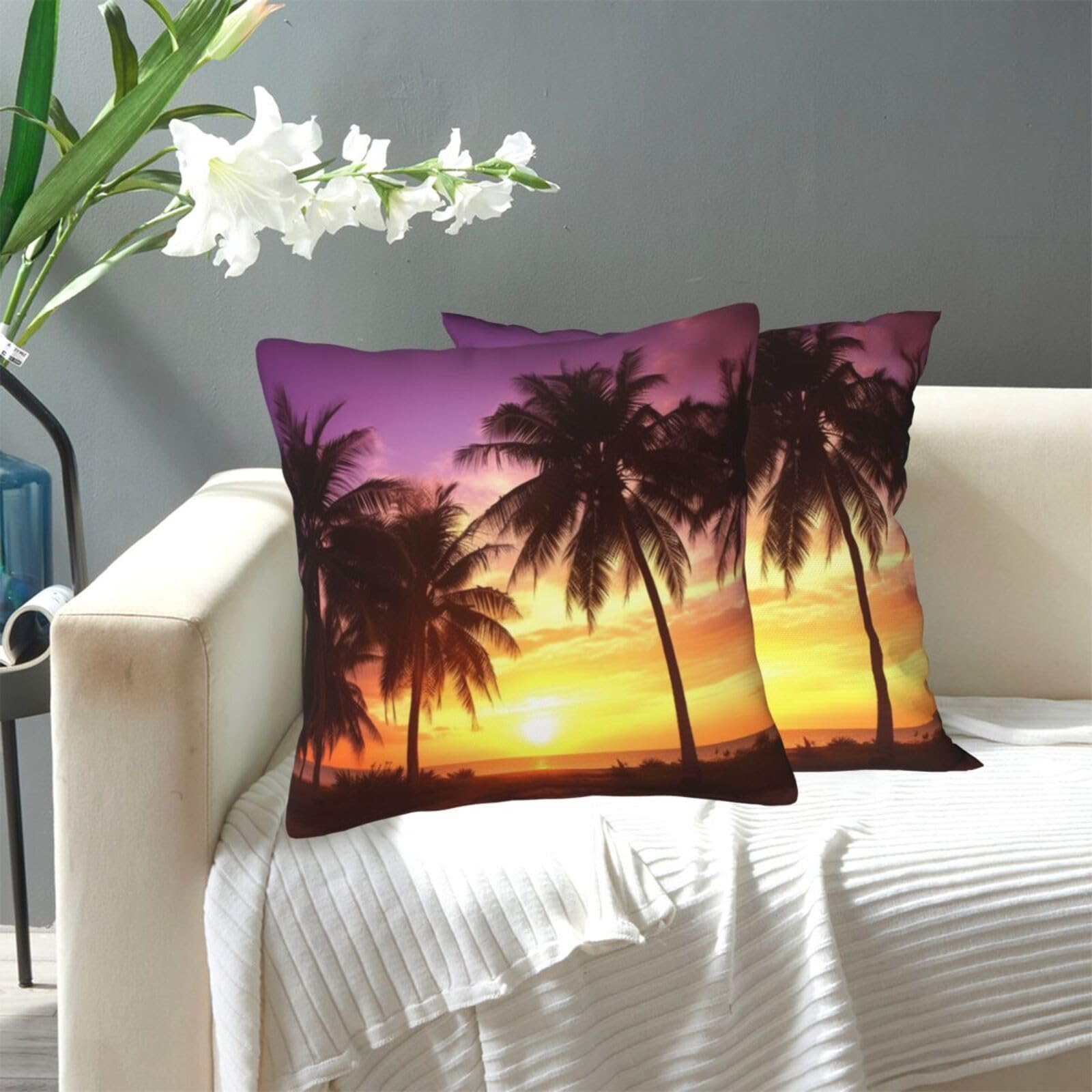 FekiLoot Decorative Throw Pillow Covers Modern Farmhouse Pillowcase Double Sided Cozy Cushion Cover for Sofa Couch Bed 18"X18" Palm Trees at Sunset