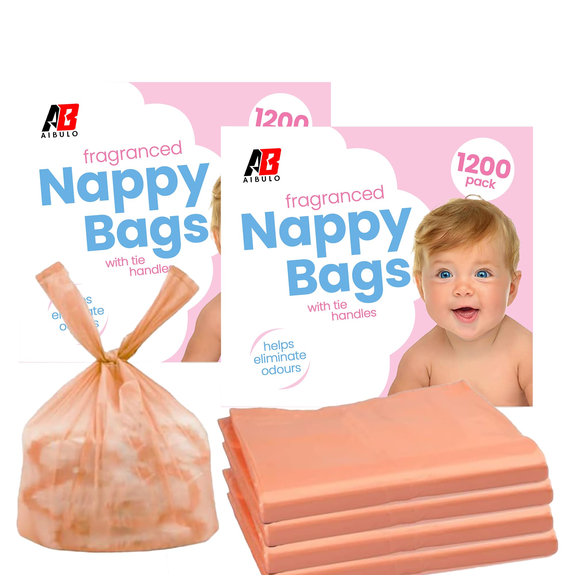 AIBULO Nappy Bags with Tie Handles – Pack of 1200 Leak-Proof, Durable & Fragranced for Odour Control – Ideal for Hygienic Nappy Disposal for Newborn to Toddler
