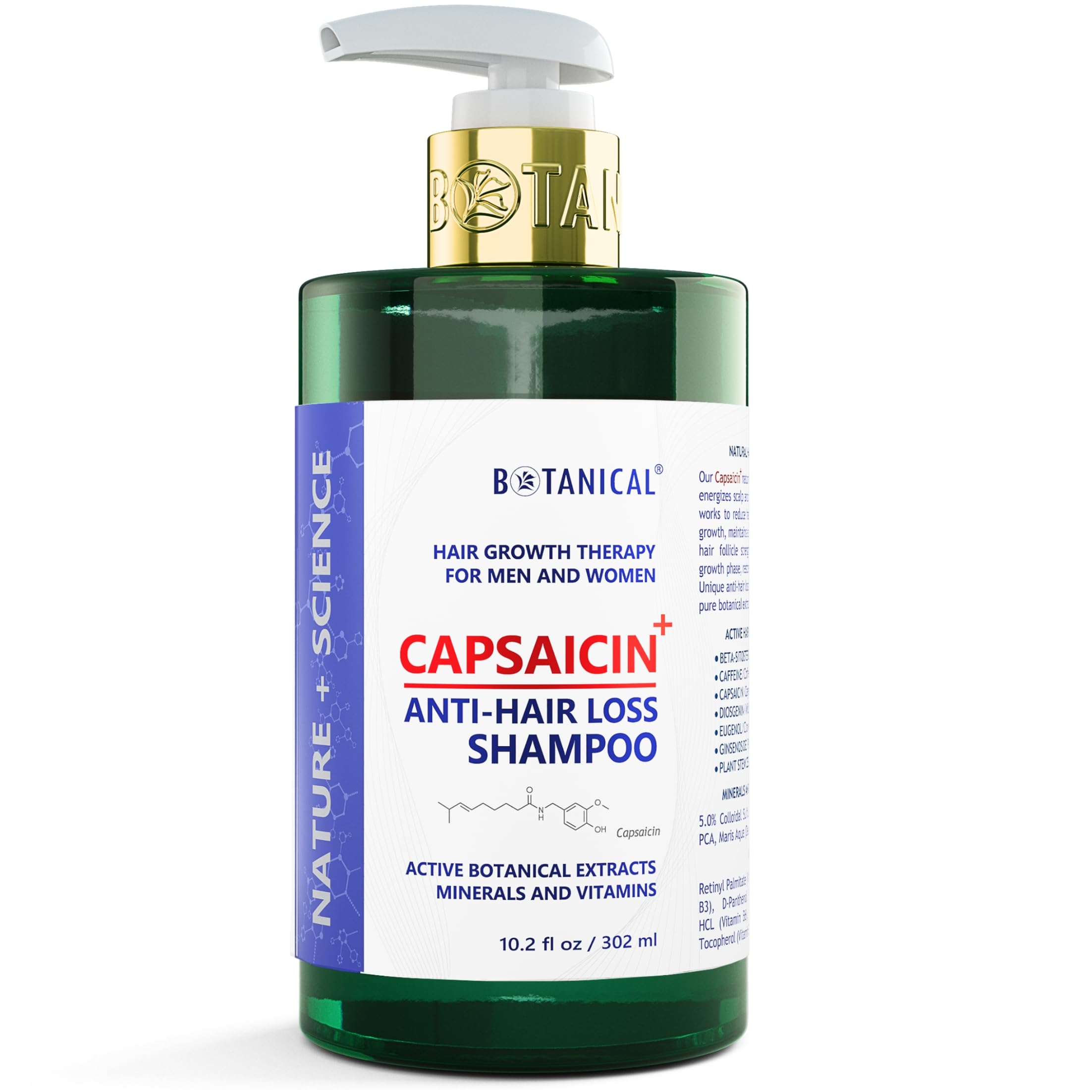 Botanical Hair Growth Lab - Capsaicin Hair Loss Shampoo - Hair Thinning Prevention for Men & Women - 10.2 Fl Ounce