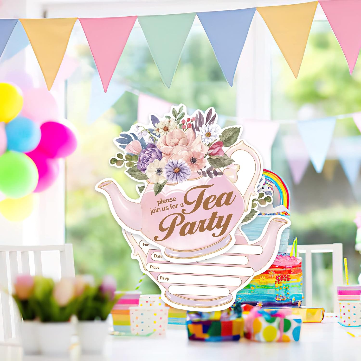 20 Sets Tea Party Shaped Floral Fill-In Invitations With Envelopes,Garden Tea Party Invitations Invite Cards for Women Ladies Girls Adults,Tea Time Party Invites