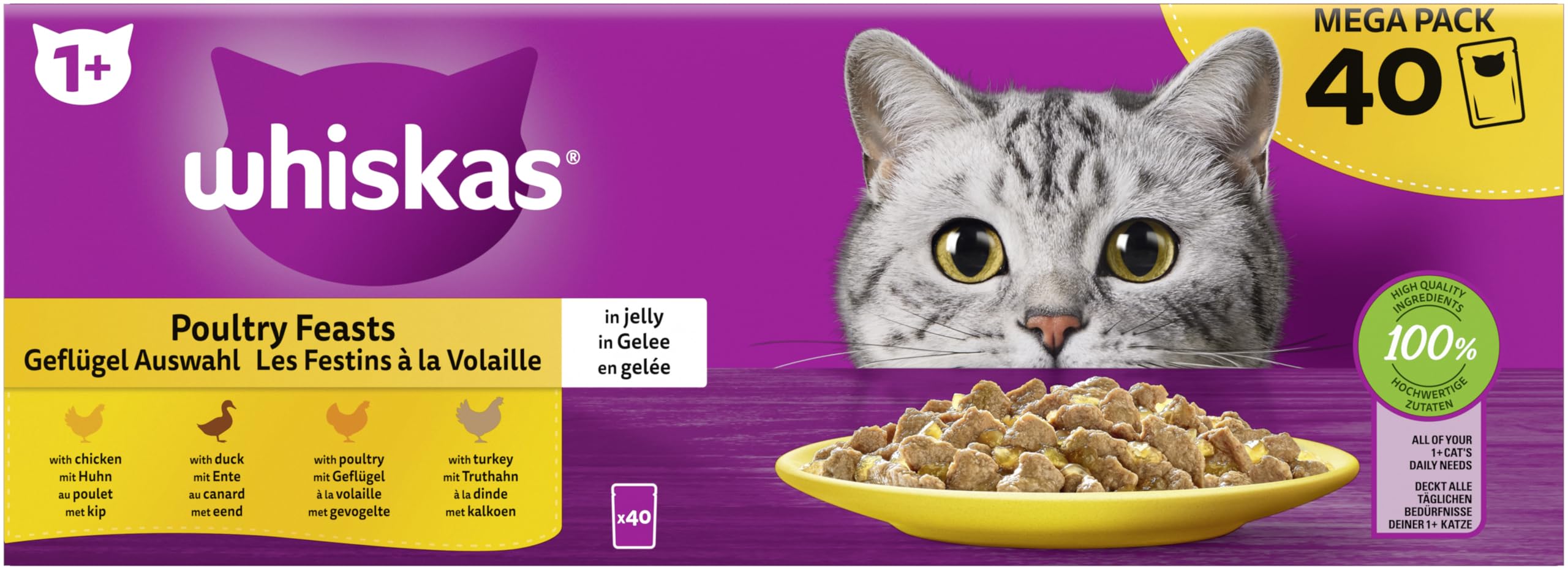 Whiskas Multipack of 1 Portion Bag + Poultry to Choose from 4 Varieties of Chicken, Duck, Poultry, Turkey in Jelly, 40 x 85 g