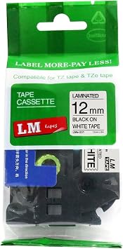 LM Tapes - 1/2" 12mm 0.47 Laminated Black on White Compatible TZe P-touch Tape for Brother PT-H110, PTH110 Label Maker with FREE Tape Guide Included
