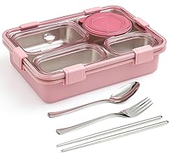 PRIME DEALS Lunch Box Sealed Leakage Proof Stainless Steel Lunch Box with Fork Chopstick&Spoon Lid Office Food Container for School Kids and Adults 750ml (Light Pink, 4 Compartment)