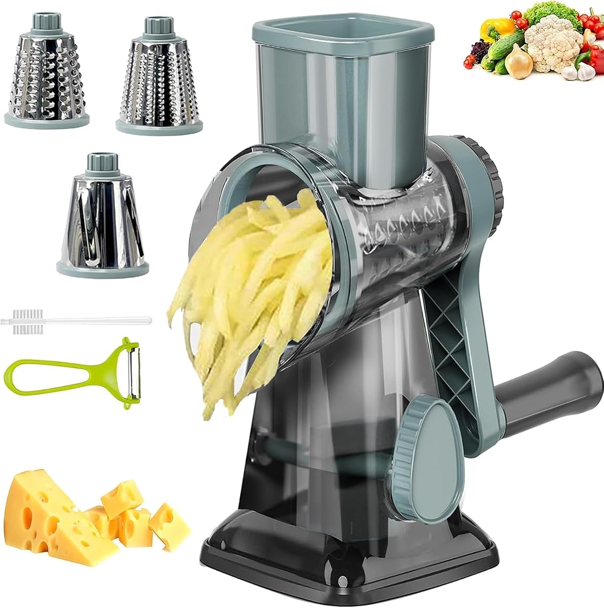 Cheese Grater with Handle,Multifunctional Rotary Cheese Grater | Powerful suction cup base,Effortless and time-saving,Protects your hands,Versatile,Detachable,Easy to clean