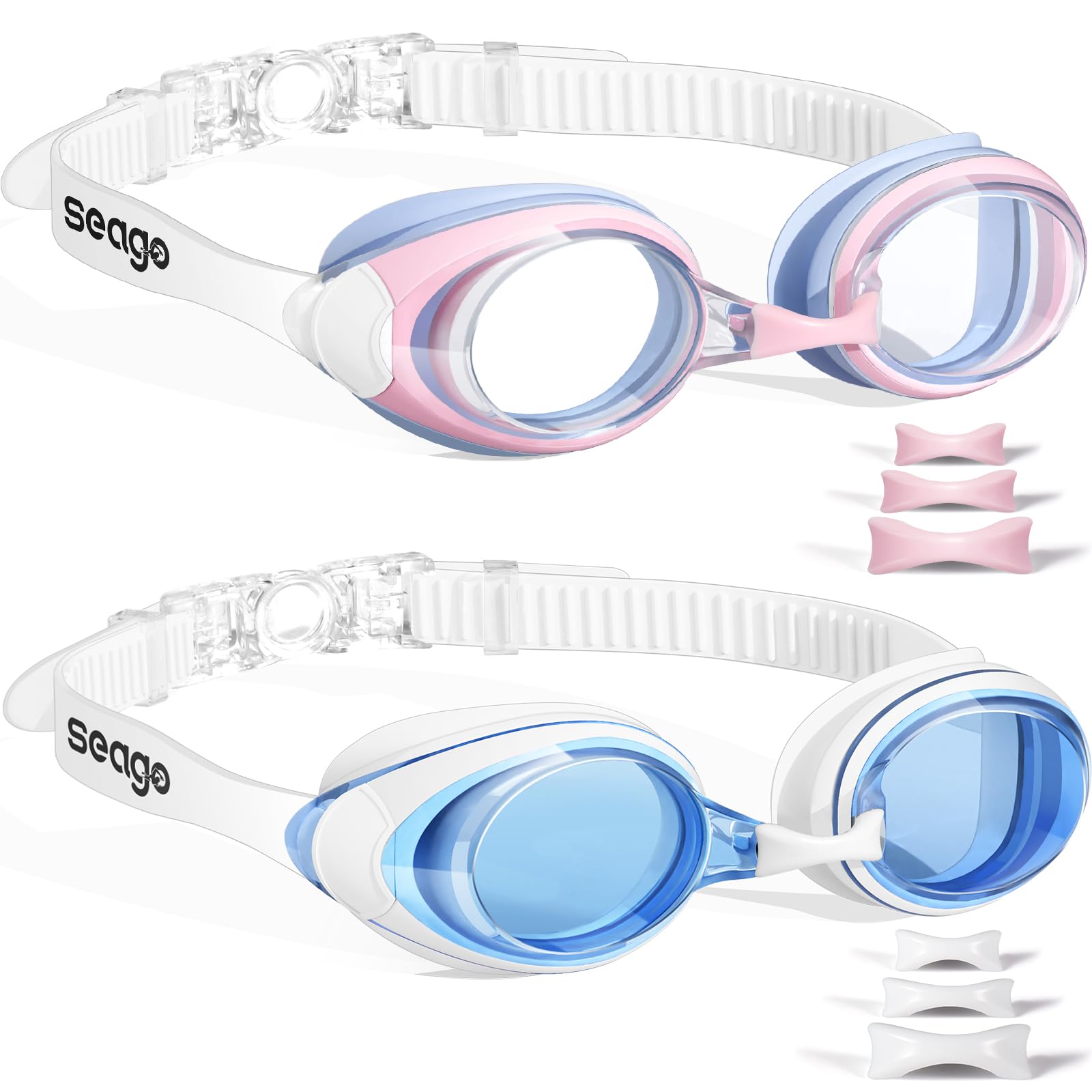 Seago Swimming Goggles 2 Pack Anti Fog Goggles Swimming UV Protection Fit for Adult Men Women Youth Junior, No Leaking Soft Silicone Seal Flat Lens Clear Vision, 3 Sizes of Nose Br