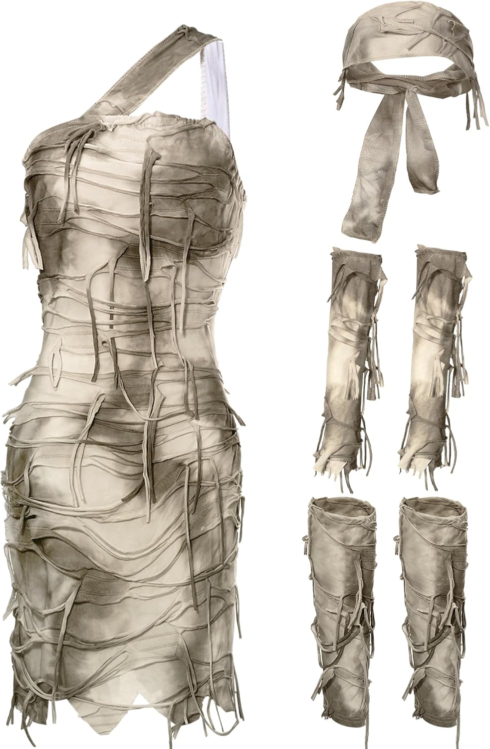 Toulite Halloween Women Mummy Costume Bandaged Mummy Dress with Arm Sleeves Legging Sleeves Headband for Cosplay