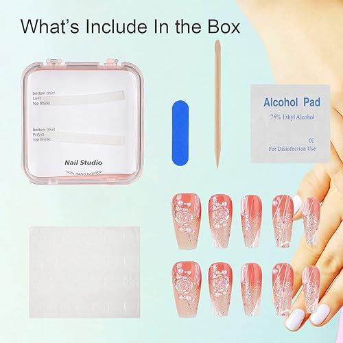 Miniatura 6 de Exqele Uñas postizas a presión hechas a mano, color rosa camelia de longitud larga para mujeres y niñas, uñas postizas de gel reutilizables pintadas