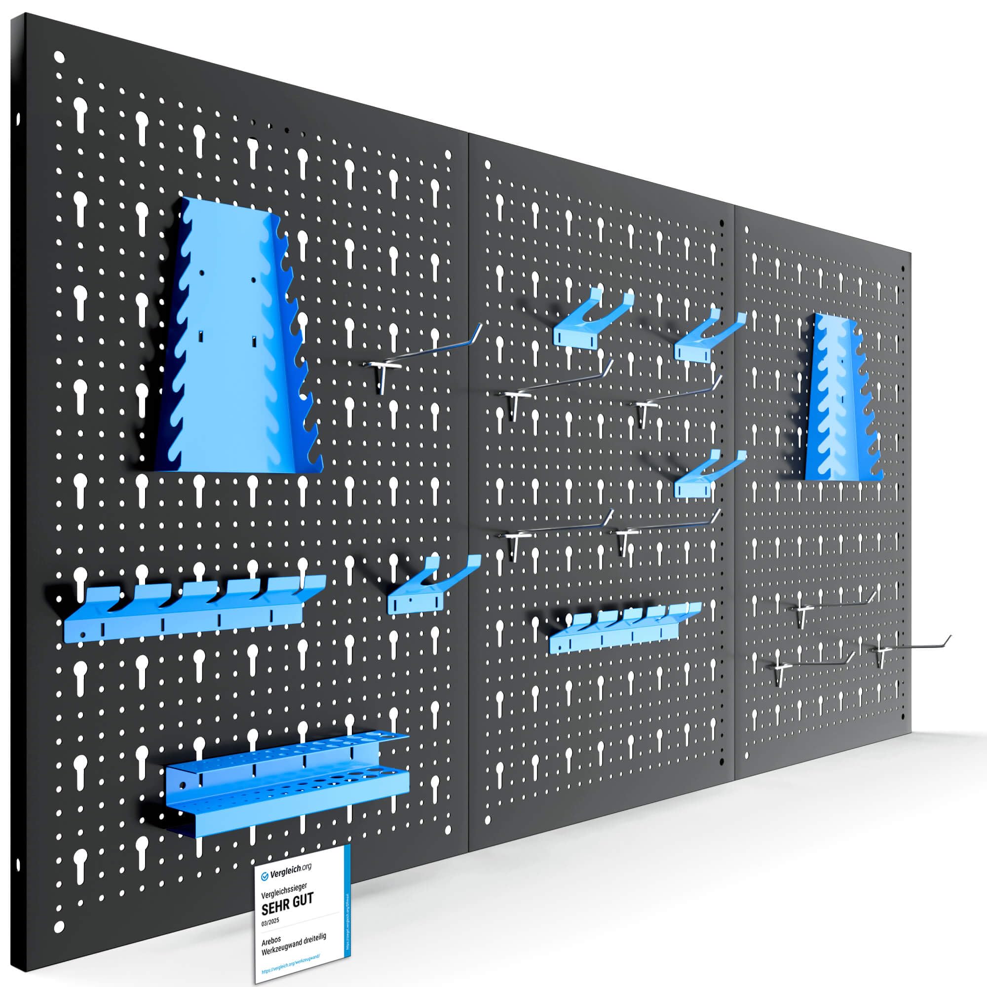 Arebos Werkzeugwand 3-teilige Lochwand Werkstatt | 17-teiliges Hakenset & Halterungen | 117,6 x 59,5 x 2 cm | Werkzeuglochwand aus Metall für Werkstatteinrichtung inkl. Montagematerial | Blau