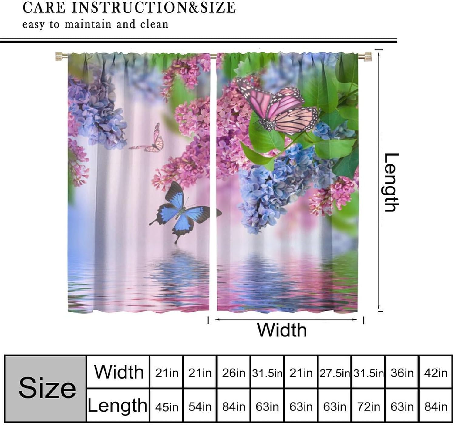Butterfly Blackout Curtains Spring Pink Blue Flowers Colorful Butterfly Nature Scenery Girls Women Bedroom Living Room Kitchen Rod Pocket Decoration Window Drapes 2 Panels W21xL54in