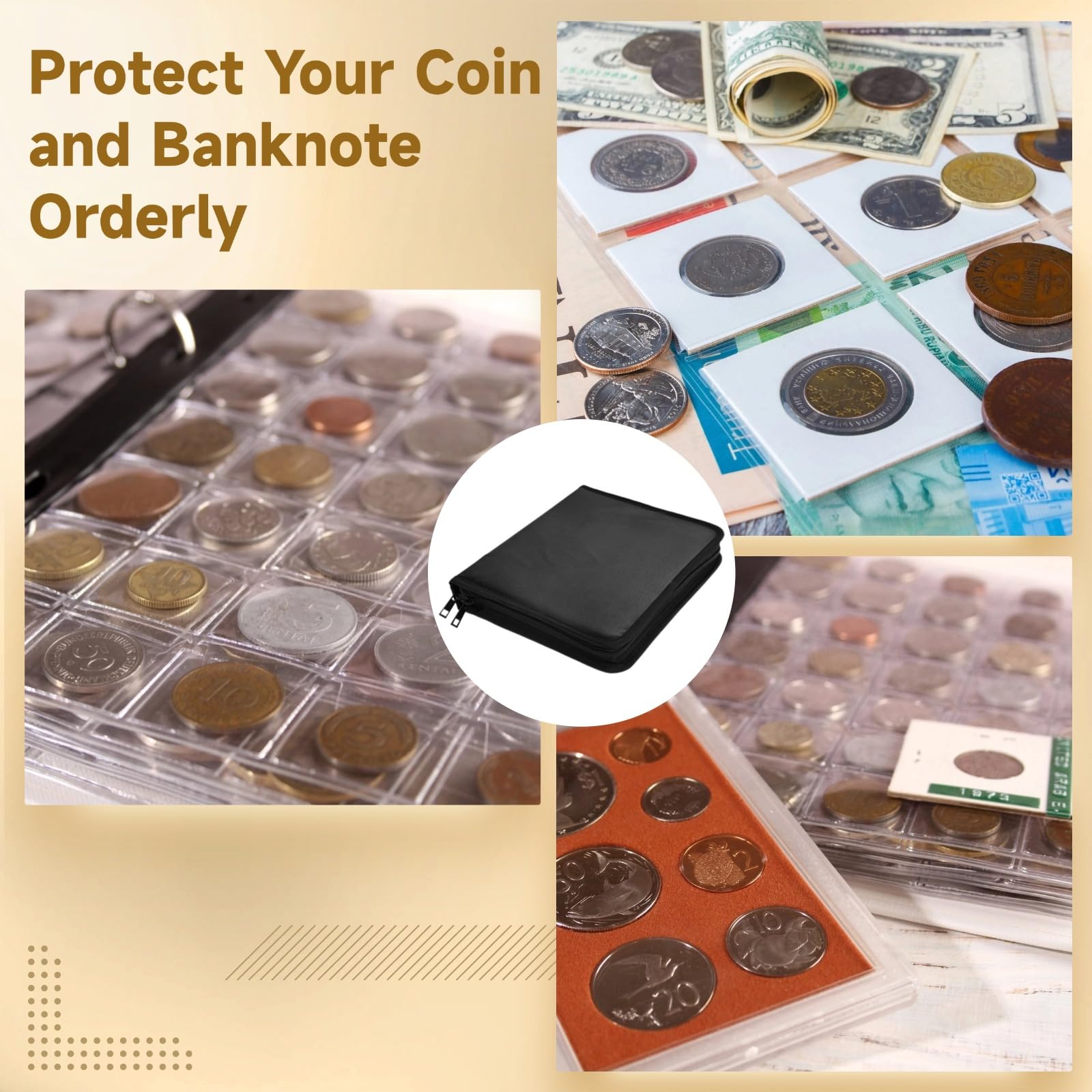 Cartella per monete ignifuga, con 516 tasche, chiusura a cerniera, guscio rigido per monete e banconote, ideale per collezionisti di monete e appassionati di banconote