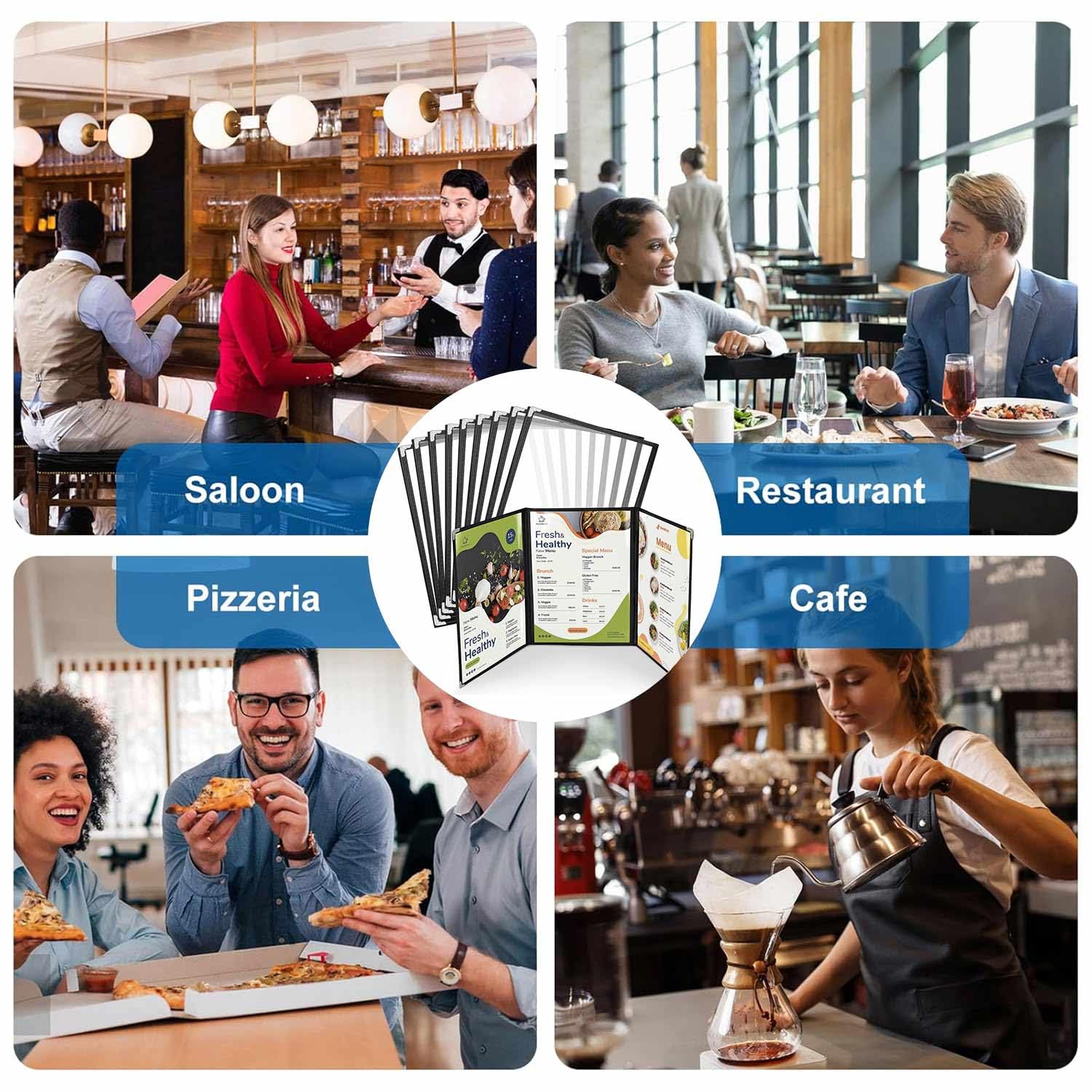 WenYa A4-Menü-Hüllen (10er-Pack), 3 Seiten mit 6 Ansichten (dreifach gefaltet), Café-Stil, Menühalter, schwarzer Rand, klare Sicht, Weinmenühülle mit Metall-Eckenschutz, passend für A4-Papier für