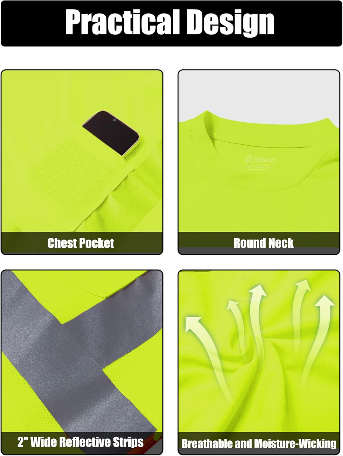 Ubon Hi Vis Shirts for Men, Safety Shirts Long Sleeve High Visibility Reflective Construction Shirts for Work 3-Pack - Image 5