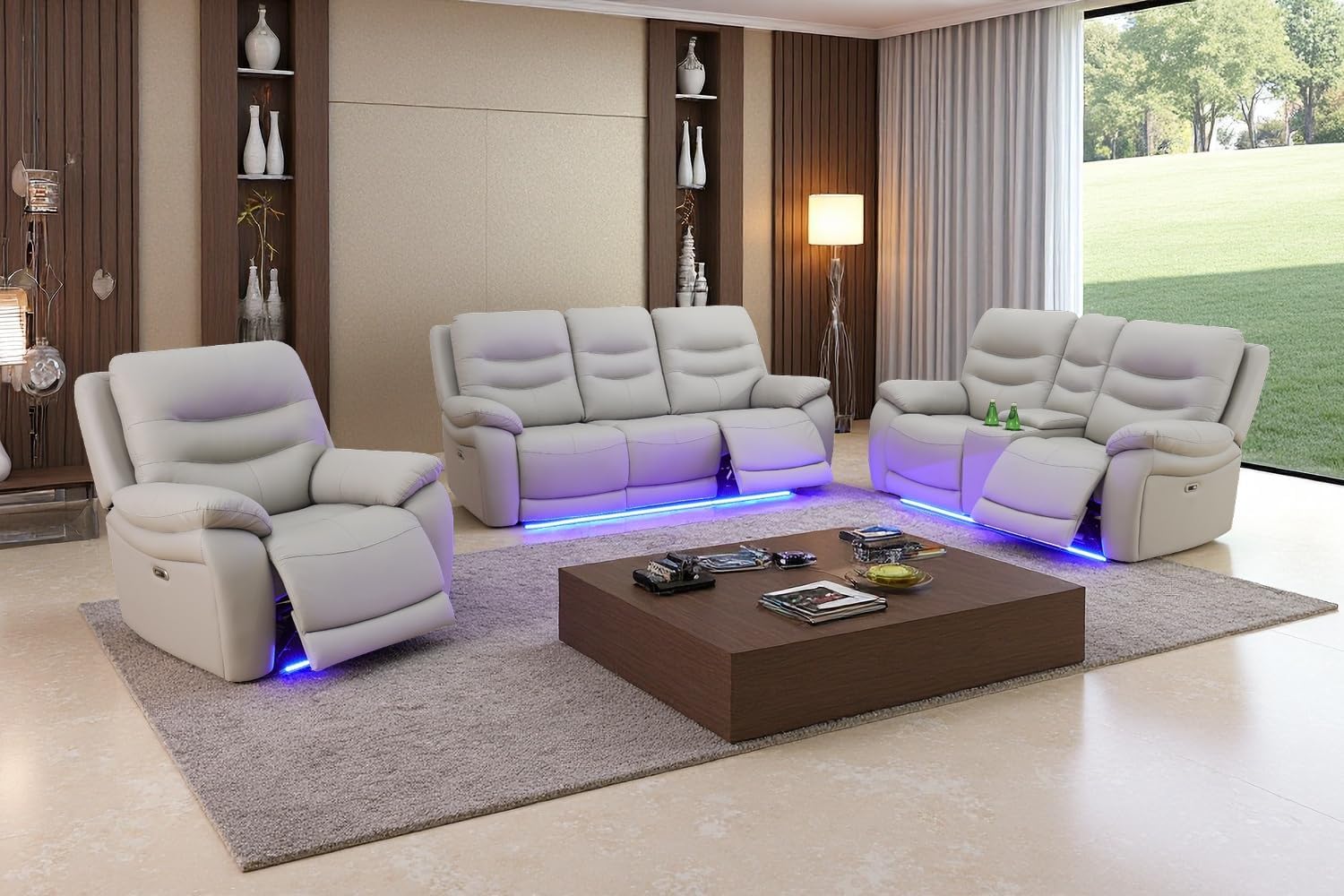 Power Recliner Sofa Set with LED Lights,Leather Reclining Sofa with Double Recliner/USB Port,Living Room Furniture Set for House/Home Theater, Grey