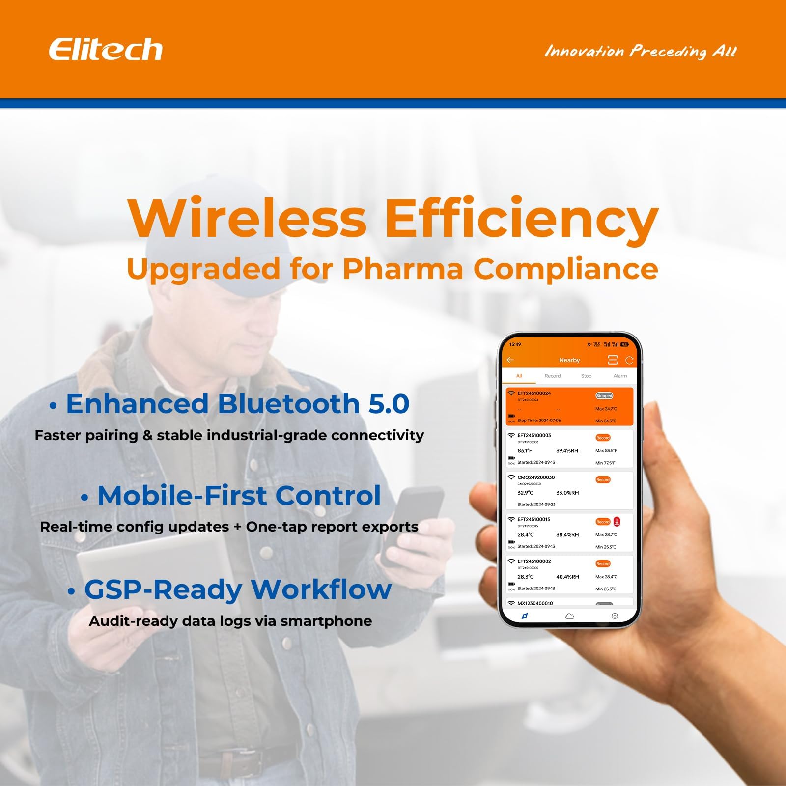Elitech Rejestrator temperatury Bluetooth 1 sonda żelowa i 1 sonda TH z danymi cienia, raport PDF CSV 100 000 punktów, certyfikat kalibracji lodówki aptecznej, GSP-6Pro GLE+THE