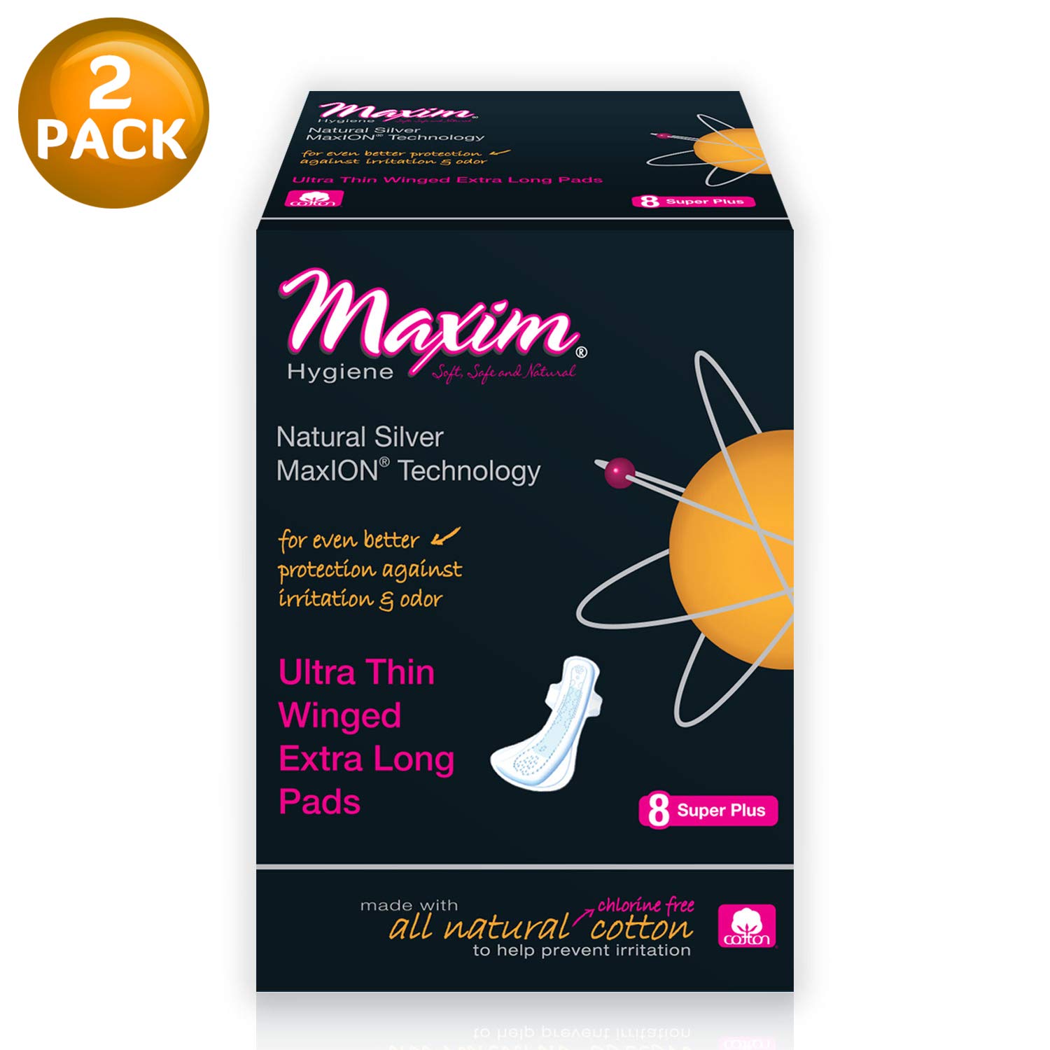 MaxION Cotton Maxi Pads Super Plus Extra Long 100% Cotton Winged Menstrual Pads Natural Ion Odor Protection Feminine Pads Chlorine Free, Chemical Free, Eco Friendly, 2 Packs of 8