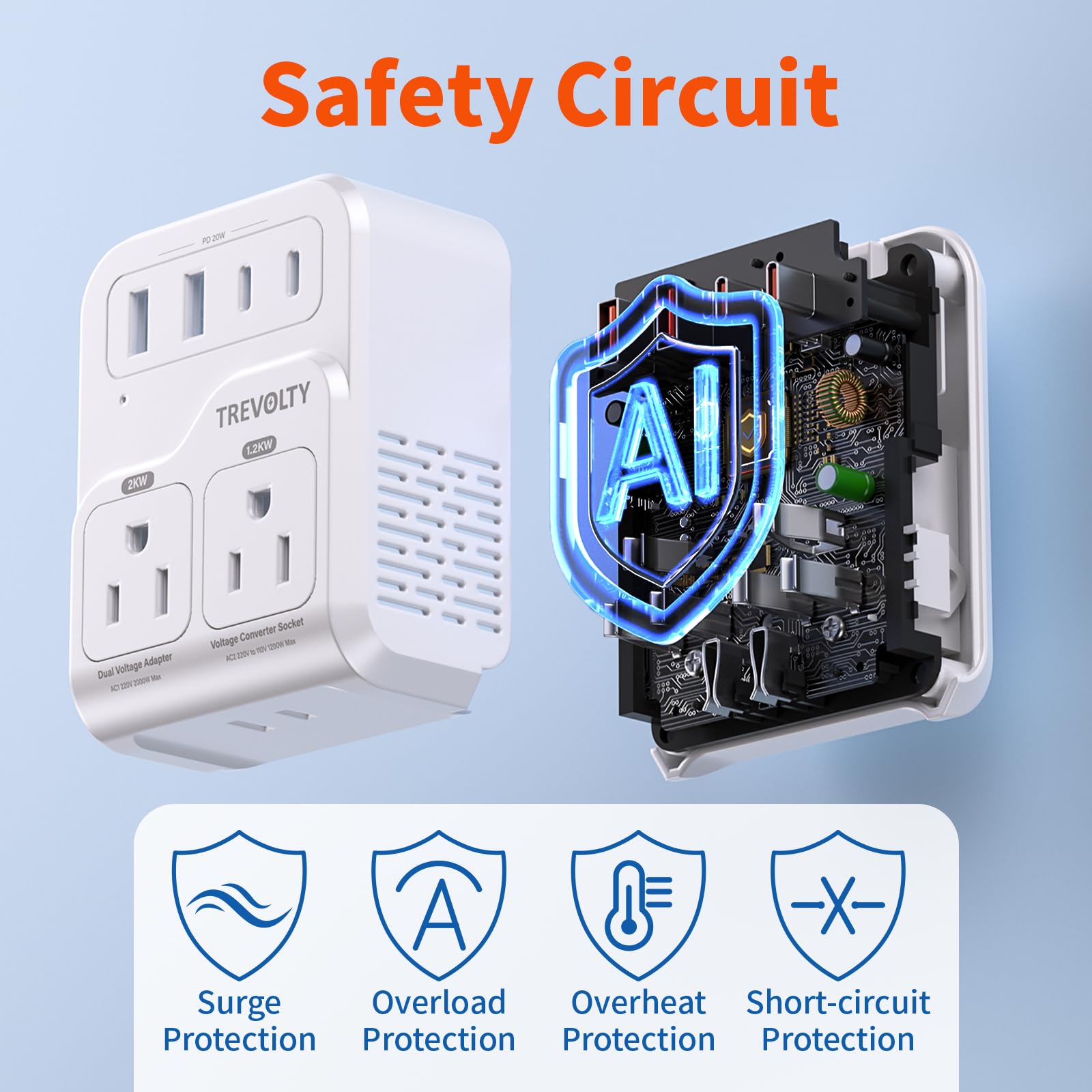 Convertitore di tensione da 2000 W da USA a Europa per asciugacapelli, convertitore 7 in 1 da 220 V a 110 V per viaggi europei con 3 porte AC/2 USBA/2 USBC (PD20 W) (bianco)