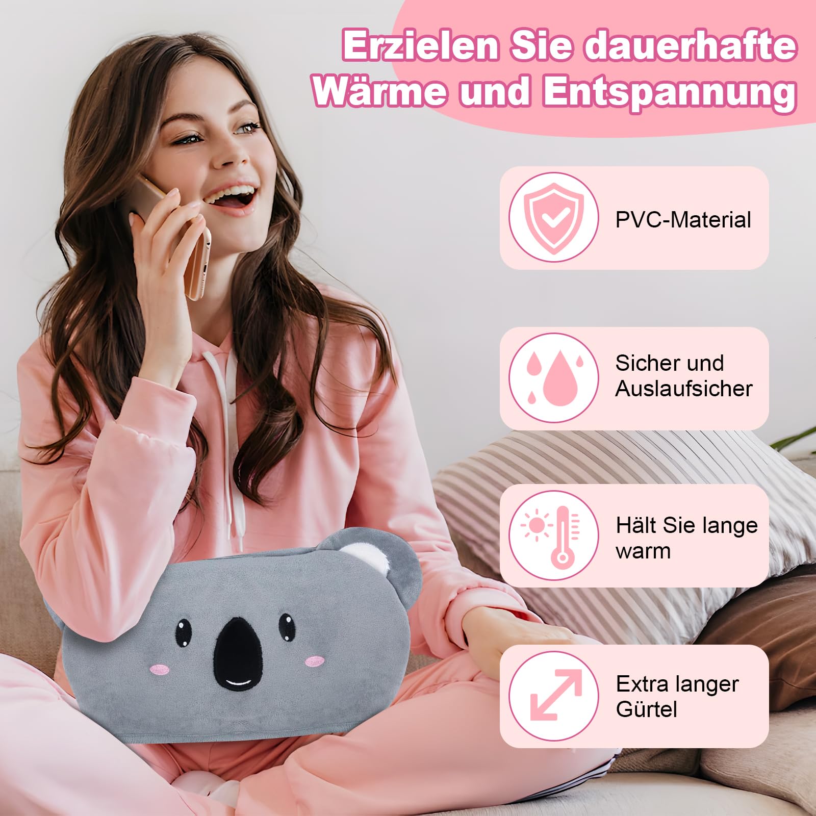 Wärmflaschengürtel 3 in 1 Wärmflasche mit Gürtel, 1L PVC Wärmeflasche mit Bezug Wärmeflasche Wärme Koala Tier 120cm Verlängerte Tragbarer Wärmflasche Gürtel für Rücken Bauch und Nacken