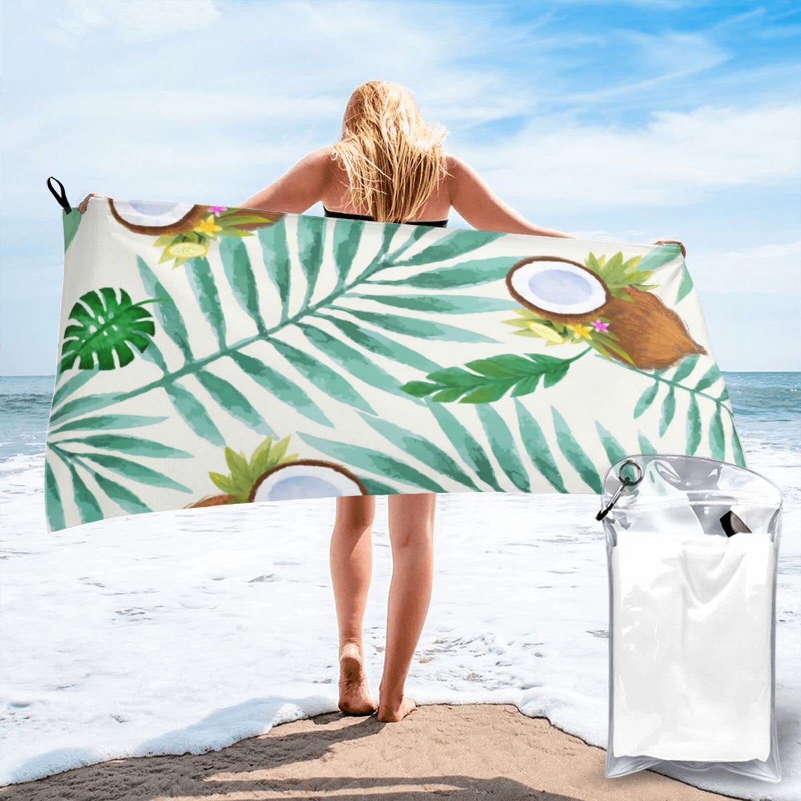 Lawenp Coconut Palm Tree Microfiber Beach Towel Adults Large Quick Drying Bath Towel Travel Towels with Pouch 31.5"x63"