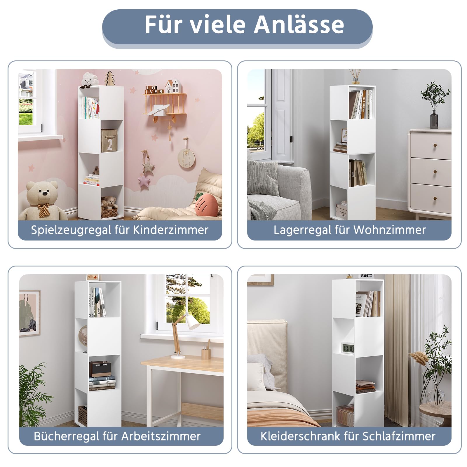 EUGAD Libreria Girevole a 4 Ripiani, Saffale Salvaspazio, Bianco | Per Camera da Letto, Soggiorno, Ufficio, Studio, 35 x 145 x 35 cm