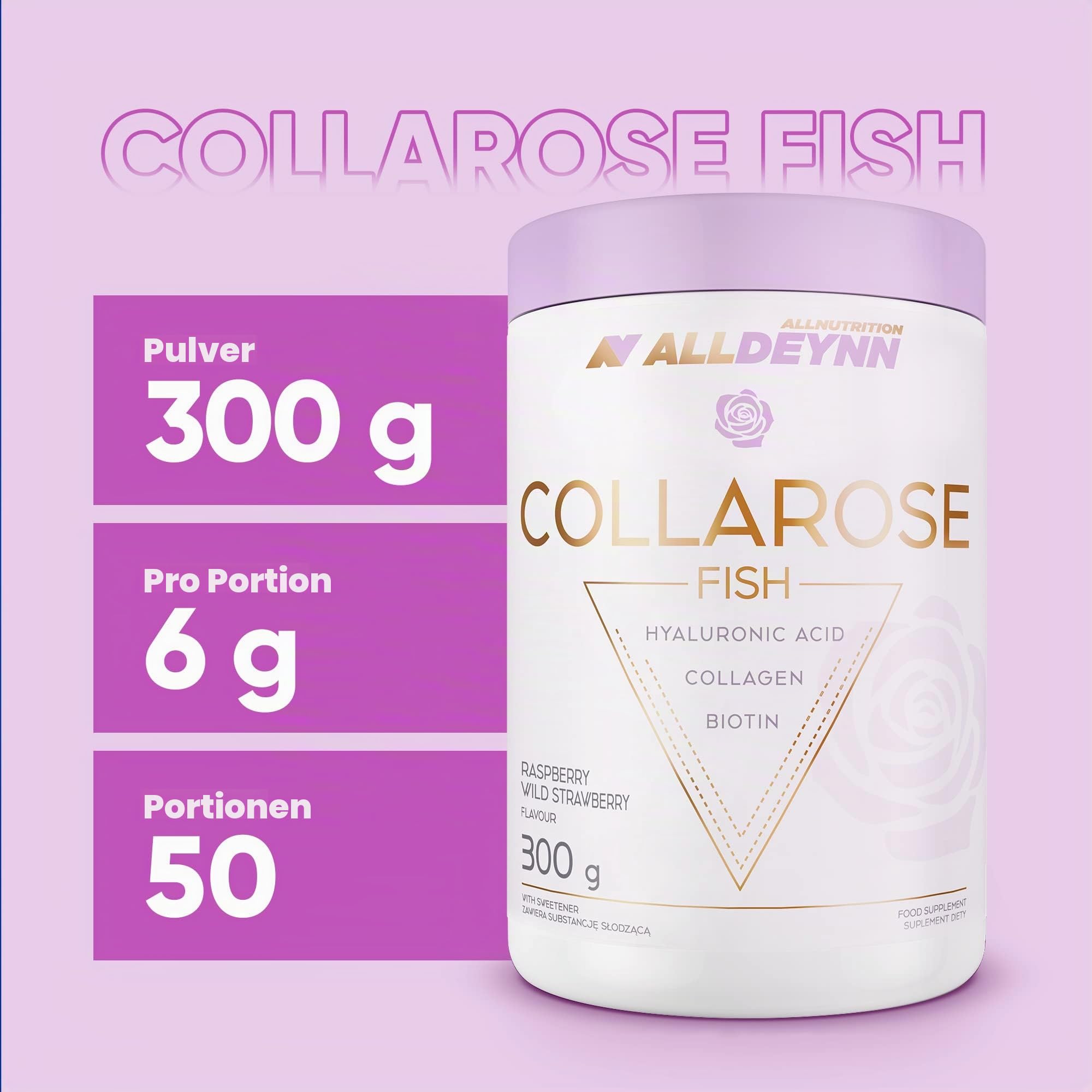 ALLDEYNN Collarose Fischkollagen-Pulver - Fischkollagen-Hydrolysat mit Hyaluronsäure, Biotin - Anti-Aging Hautbehandlung - Haarergänzungsmittel - 300g - Orange