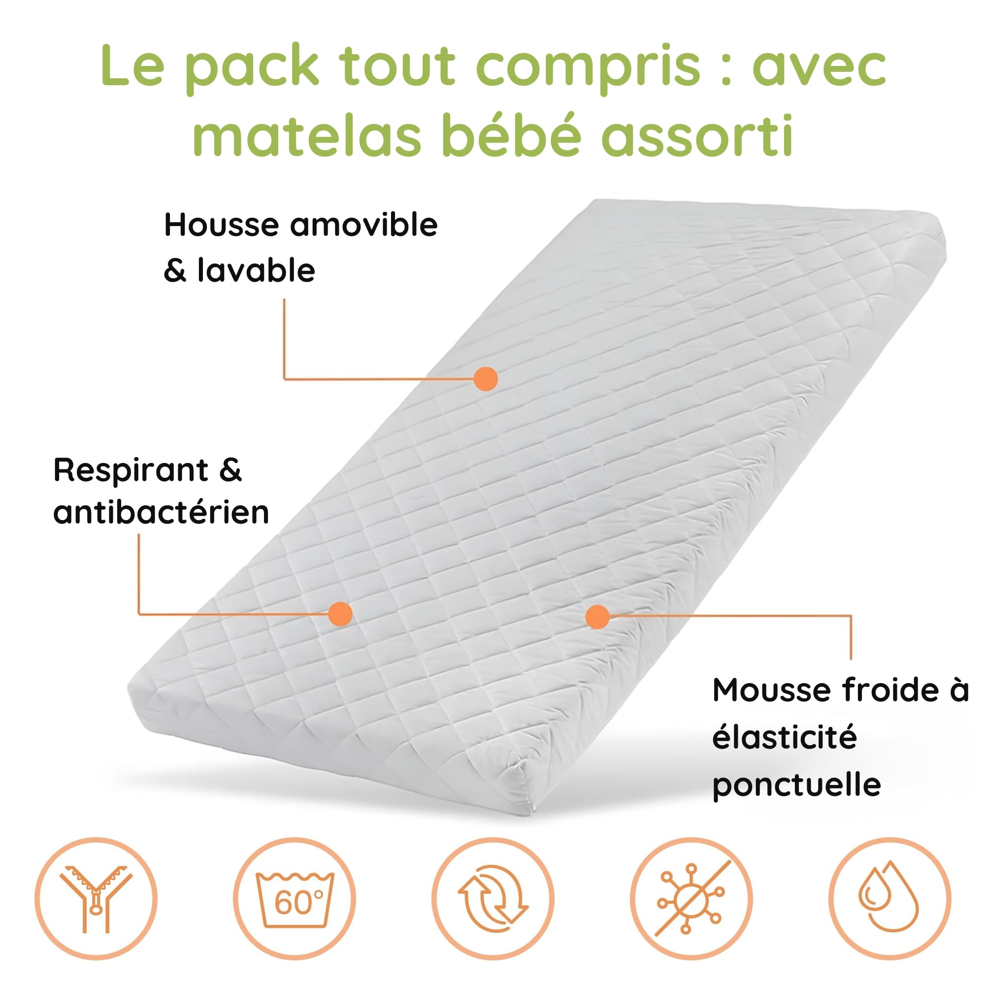 Kids Collective Lit bébé évolutif 60x120 70x140 cm Matelas Sommier hêtre Massif Blanc