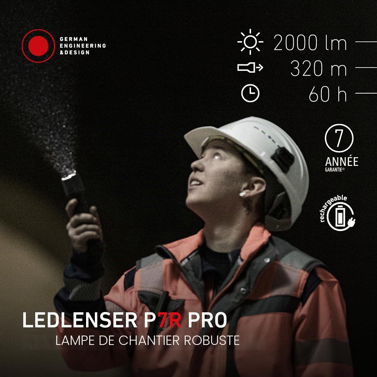 Ledlenser P7R Pro Lampe torche rechargeable, 2000lm, 320m portée, Chantier | Mise au point réglable, 223 g, 60 h, protection en caoutchou, 8 modes, pour mécaniciens, électriciens et plombiers