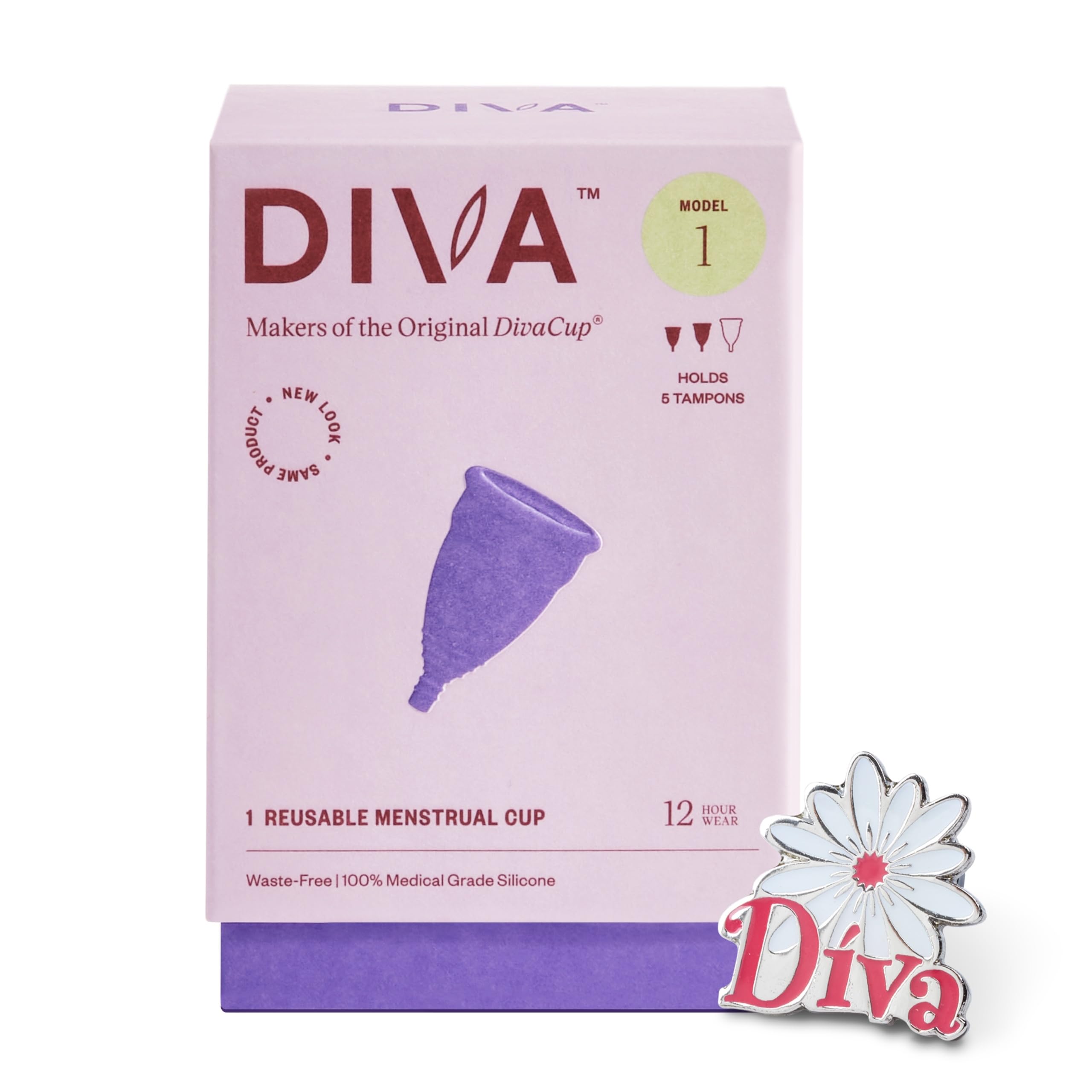 DivaCup Diva Cup & Pin - Medical Grade Silicone Cup for Period Care - Reusable Menstrual Cup - Up to 12 Hours of Continuous Wear - Model 1 (for Medium to Heavy Flow) - with Enamel Pin
