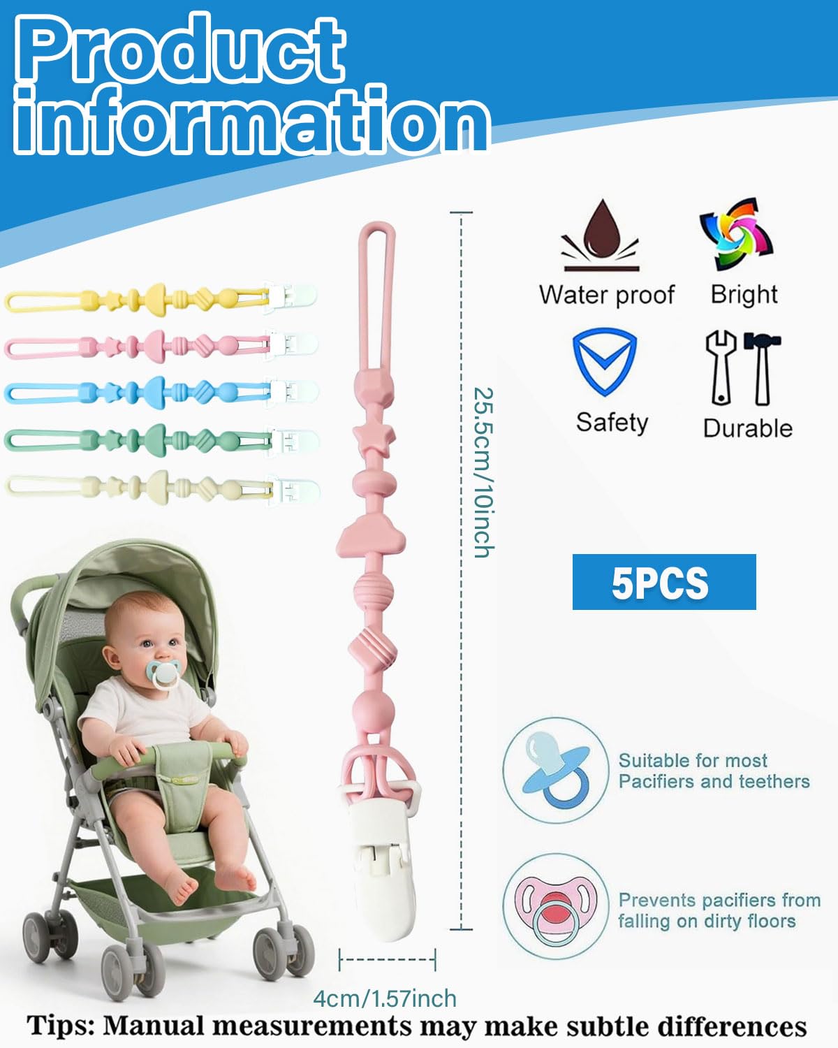 5 Piezas Paquete de Clips para Chupetes de Silicona, Sujetachupetes con Diseño de Una Pieza para Bebés Niños y Niñas, Juguetes Mordedores para la Dentición — view 2