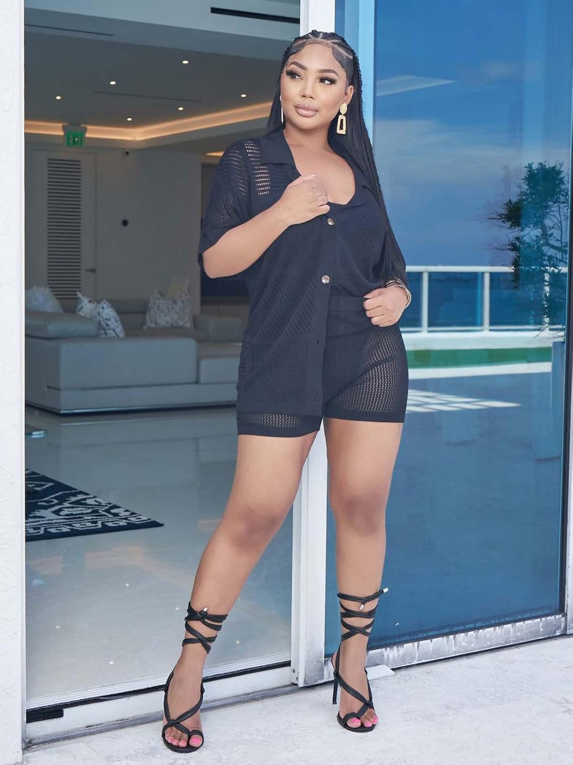 KANSOON Short Sets Women 2 Piece Outfits Knit Solid Color Half Sleeve Button Down Shirt and Shorts Set - Image 3