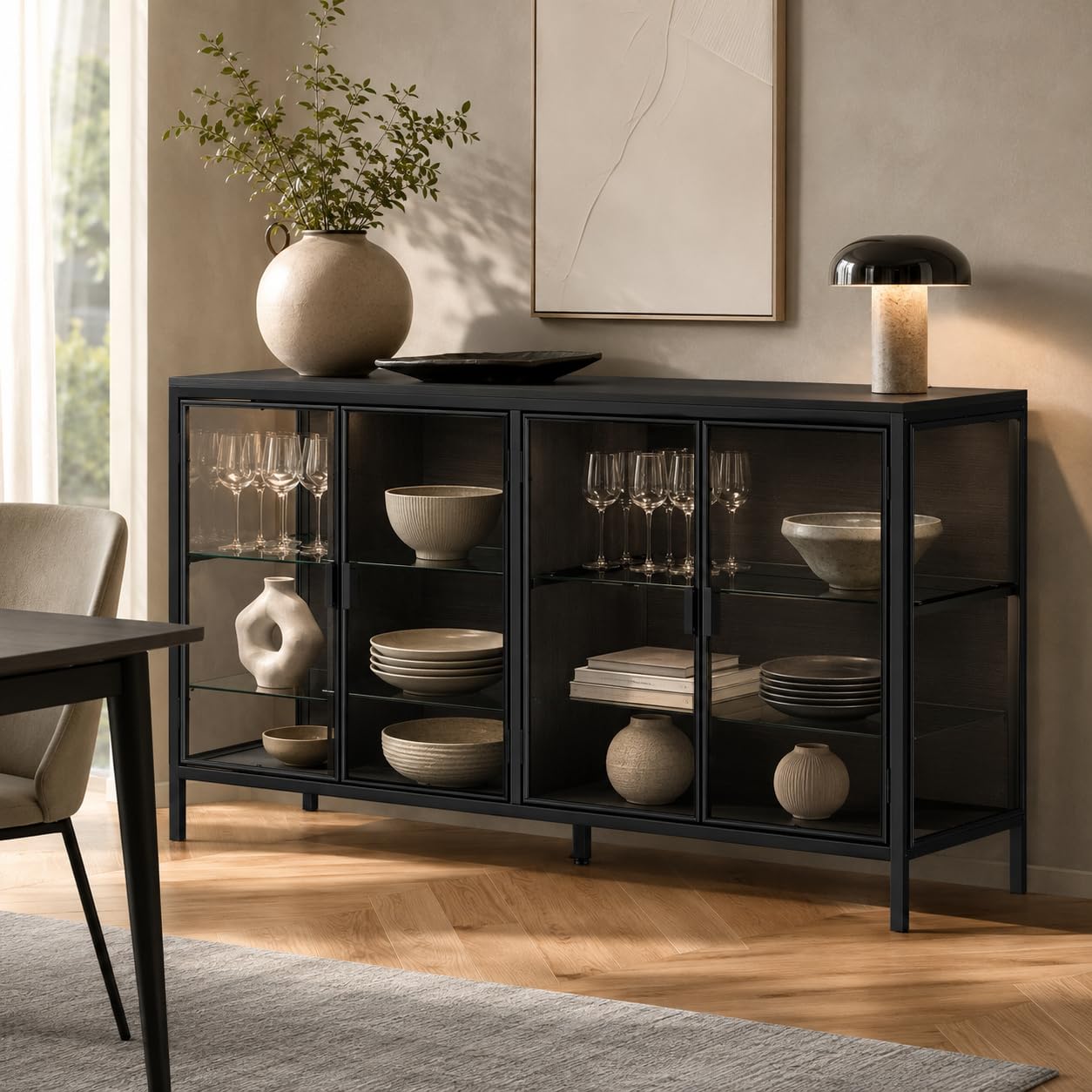 Vetrina nera 40 x 140 x 75 cm con telaio in ferro, 2 ante in vetro, armadio in vetro con strisce luminose a 3 colori, moderna vetrina in vetro per soggiorno