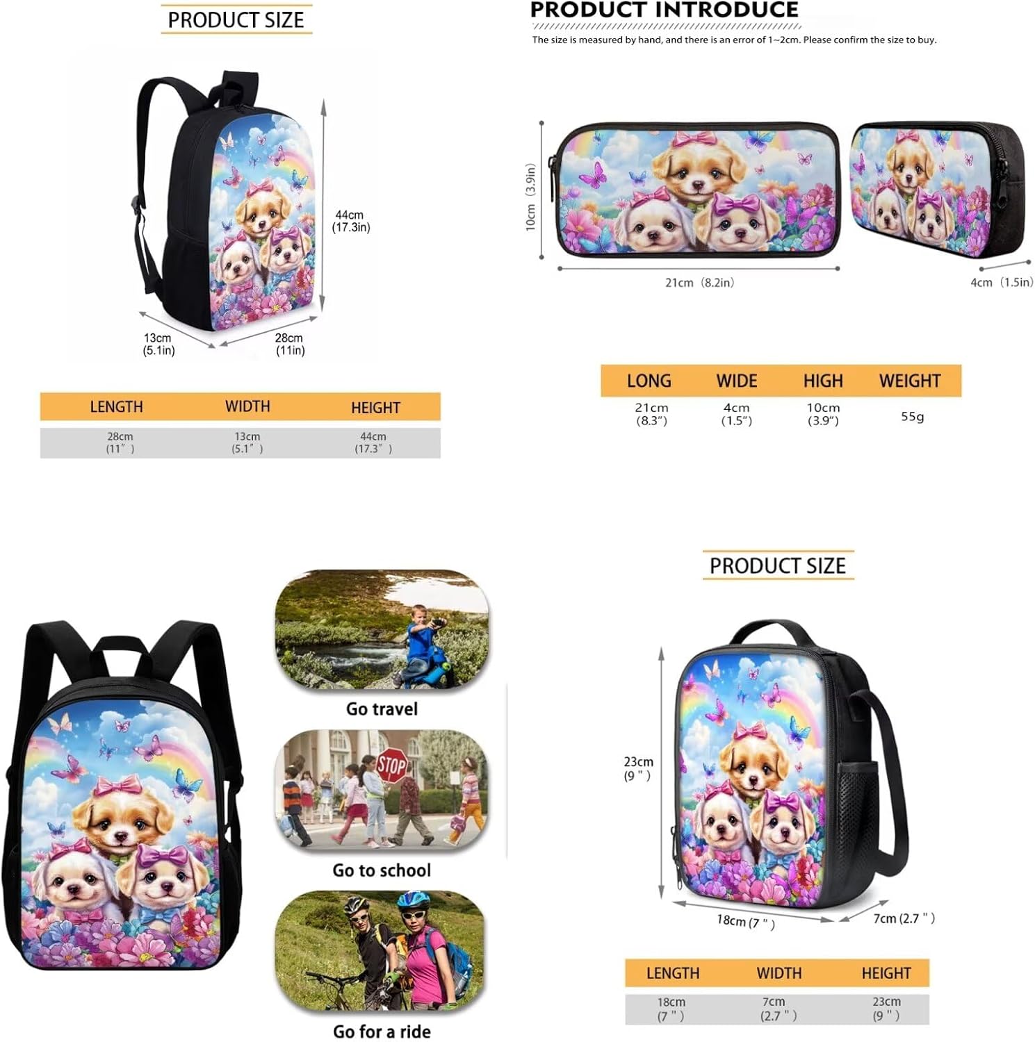 Dogs Backpack for Boys Girls Large 17-inch Travel Laptop Daypack School Bag with Lunch Bag Pencil Case for Kids Students Boys Girls
