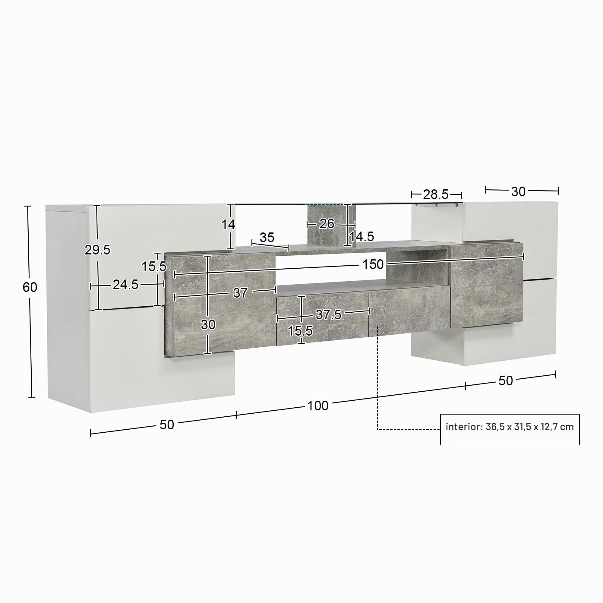Elegante mueble de TV con panel bajo, color blanco brillante y negro, iluminación LED, elegante acabado en cristal, diseño moderno (blanco brillante y hormigón)