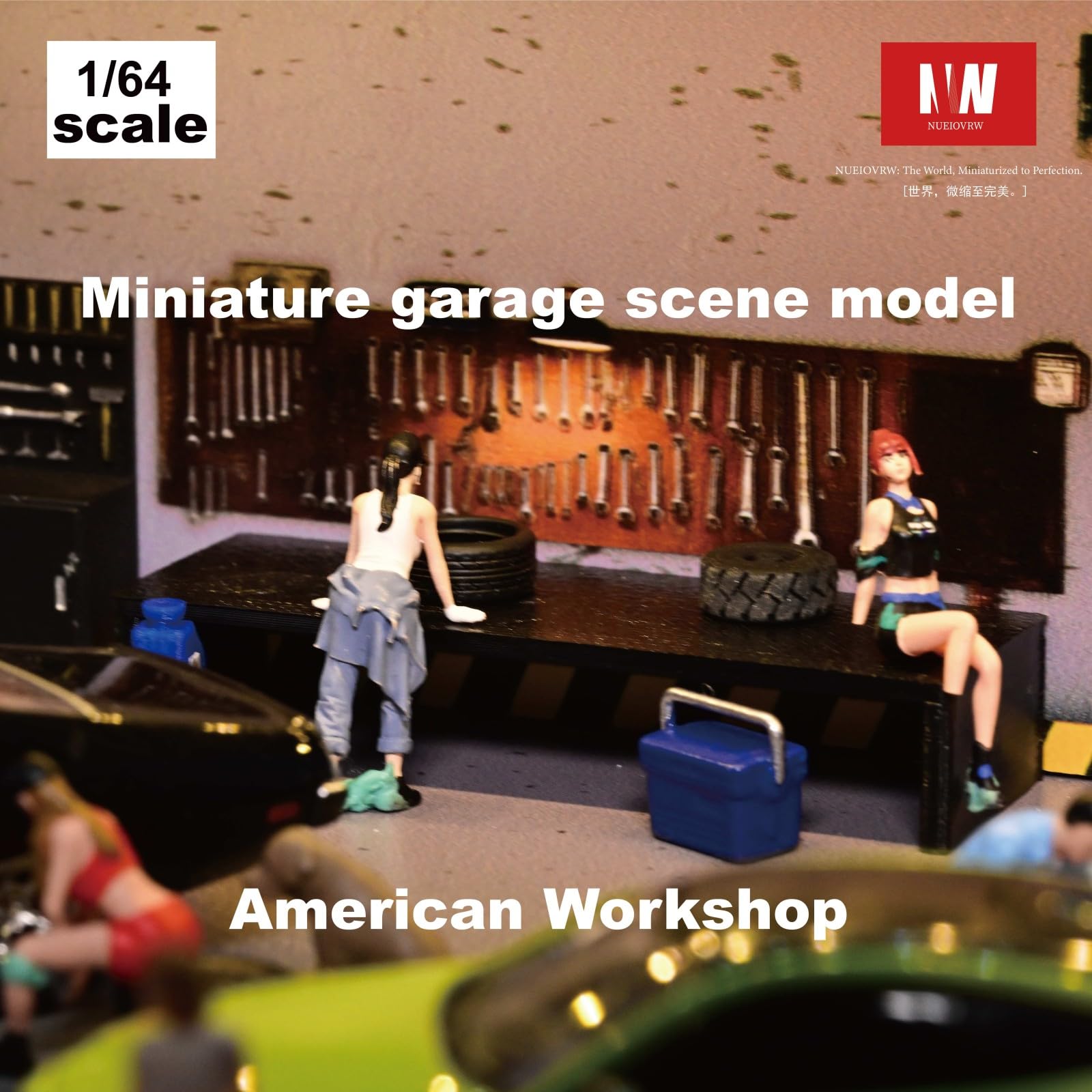 1:64 Diorama Amerikanische Garage Modell, Dreifarbige LED-Beleuchtung Parkplatz-Szene Display Case, Helligkeit einstellbares Werkstatt Vitrine, für Diecast Modellautos Szene Display