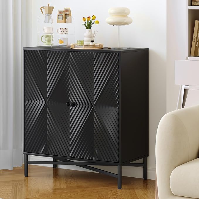 Fluted Coffee Bar Cabinet with Storage, 31.5" Liquor Cabinet with Wine Racks and Glass Holder, Modern Wine Cabinets Accent Sideboard Buffet Table for Kitchen Dining Room, Living Room, Black