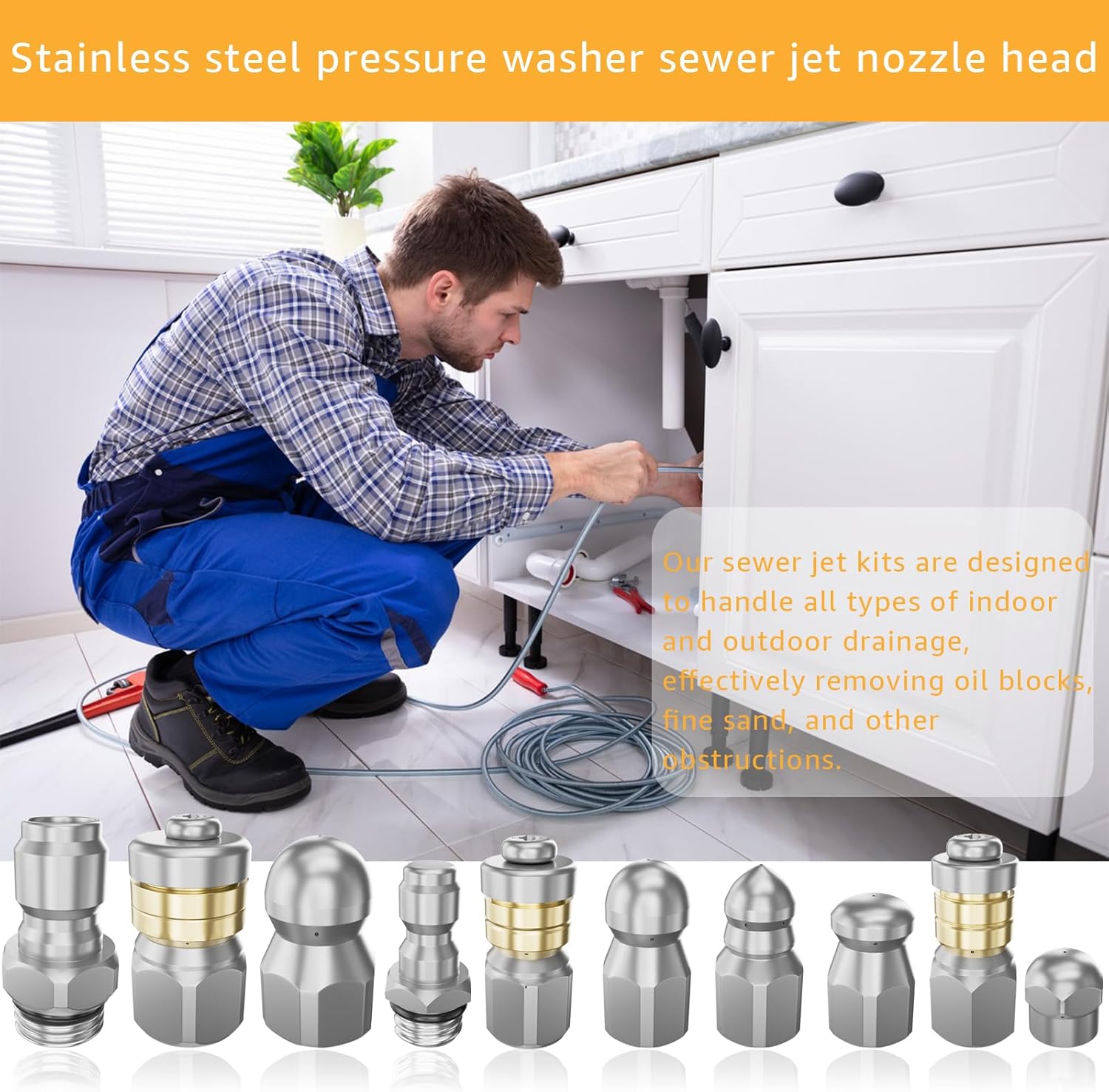 Jetter Heads Kit, Rotating Button Drain Cleaning Nozzle Tips for Pressure Washer Sewer Jetter Kit - Pack of 10, 5000 PSI, Quick Connect