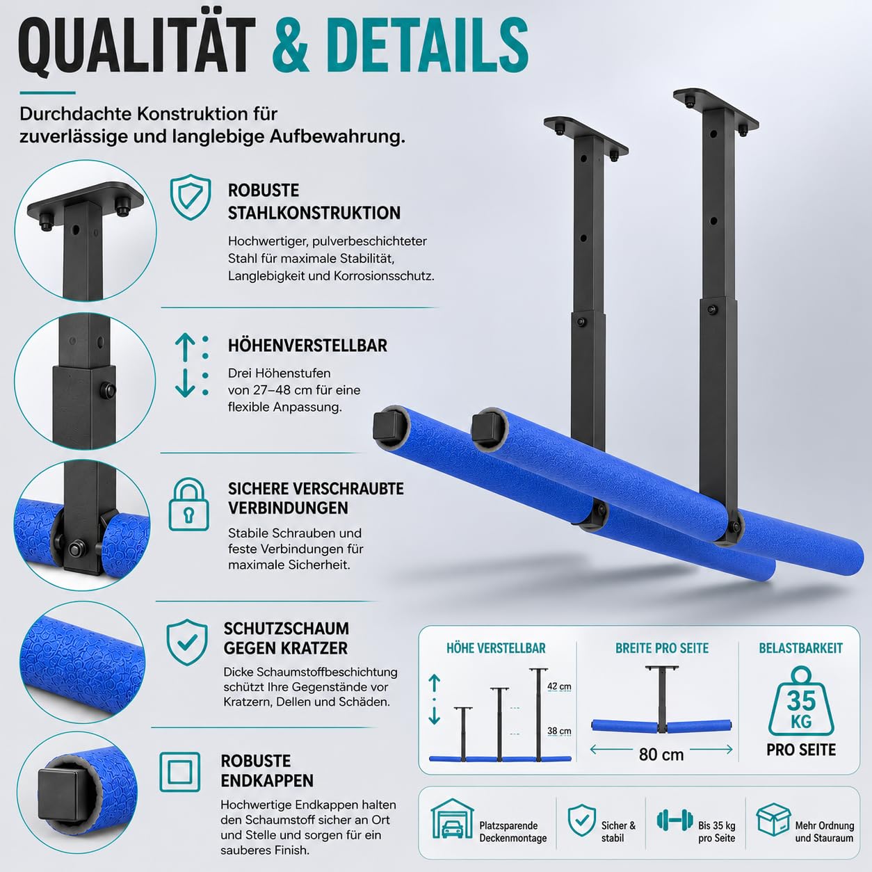 QLS Lot de 2 étagères suspendues - Pour le plafond - Échelle, kayak, planche de surf, rangement d'outils - Bleu