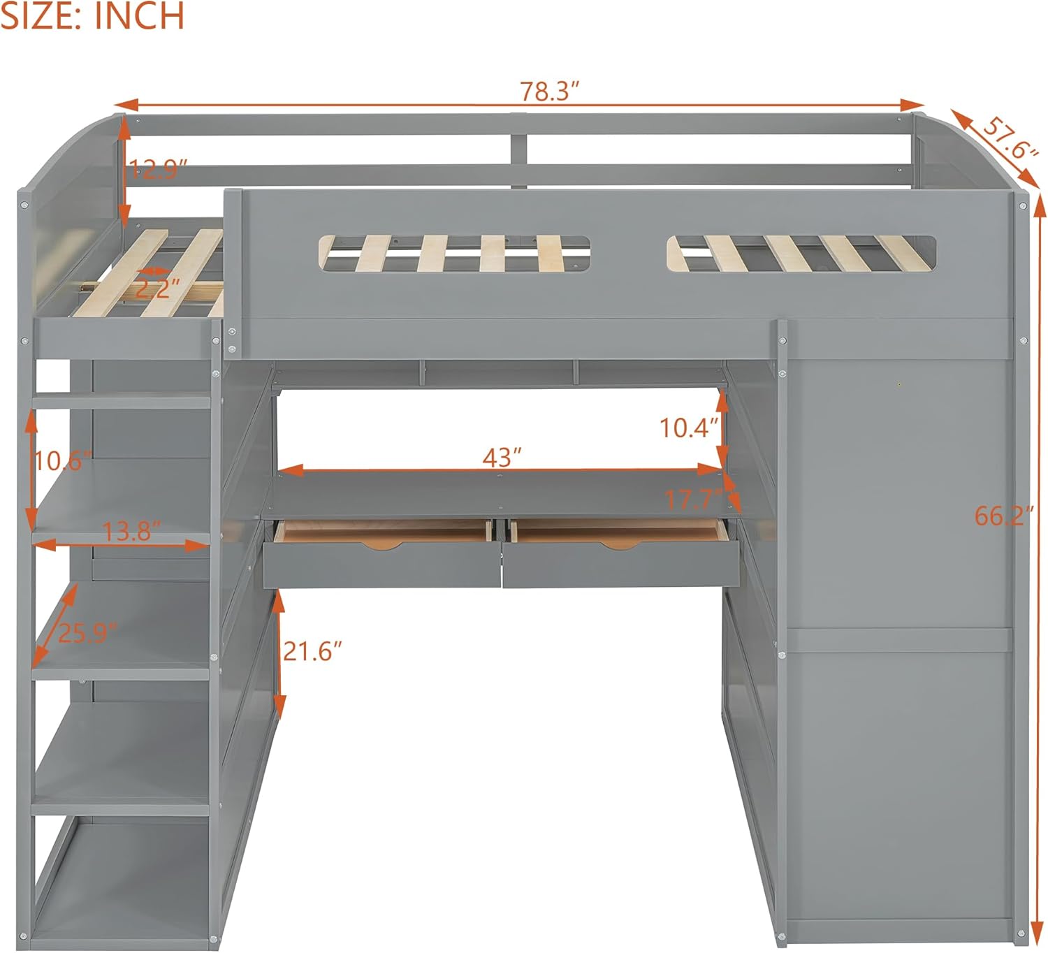 Linique Full Size Loft Bed with Built-in Desk/Open Closet/Wardrobes/4 Drawers/Four-Tier Shelves,Wooden Full Size Loft Bed Frame for Teens&Adult,Gray
