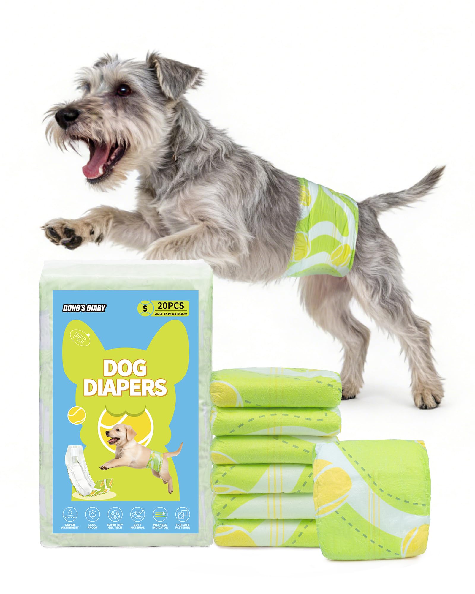 Dono Disposable Dog Nappies Male 60ct, Dog Diapers, Wetness Indicator, Male Dog Belly Bands, Super Absorbent, Leak-Proof, Incontinence, Excitable Urination, Marking Issues, Travel, S(30-48CM)