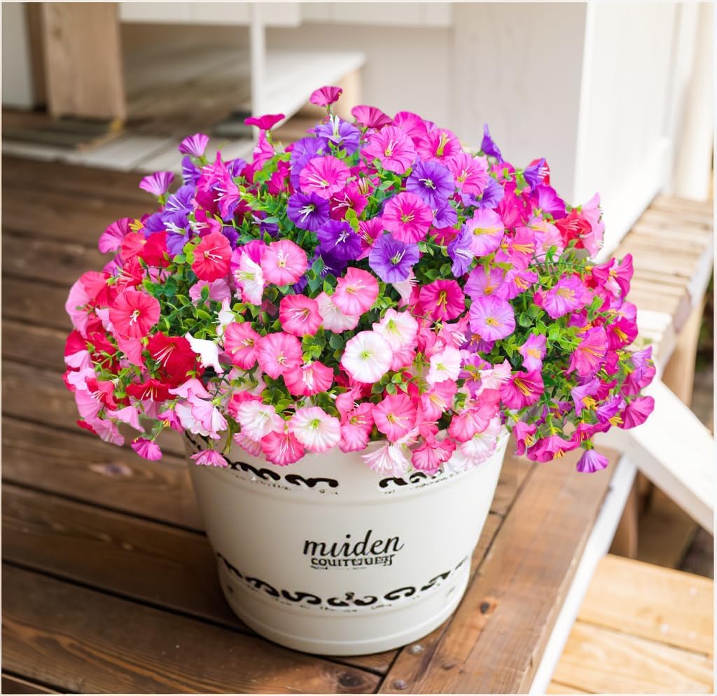 7 Color Mix Artificial Flowers for Outdoor, Fake Flowers Faux Plants for Outside Indoor, Summer Decor Morning Glory Petunia UV Resistant, for Garden Porch Window Box Home Planters (Pink Purlpe) - Image 3