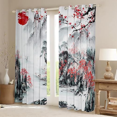 Miniatura 2 de Cortinas japonesas Ukiyoe para ventana para dormitorio, sala de estar, Hokusai Sun Cherry Blooming Cortinas para niños y niñas, cortinas de ventana