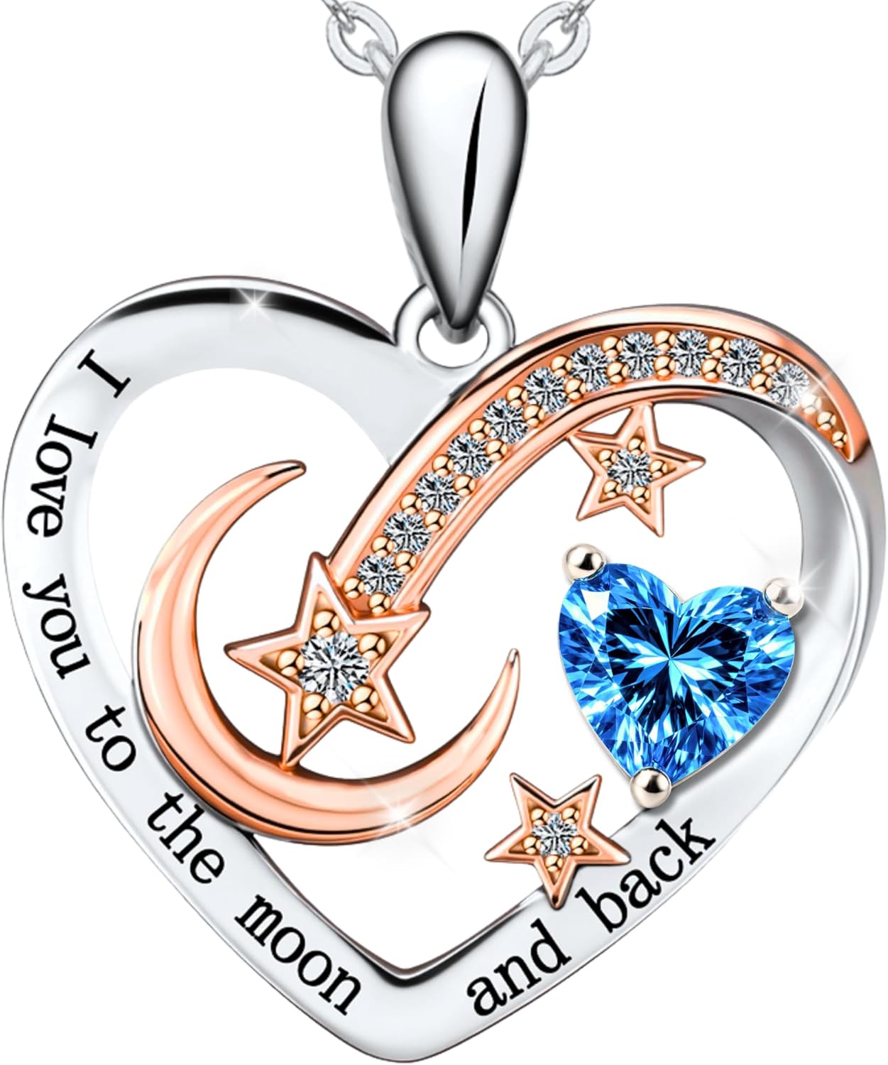 925 Sterling Silver Birthstone Heart Necklace for Women, “I Love You to the Moon and Back” Pendant, Gift-Ready Anniversary Birthday Jewelry Gift for Her Wife Mom Daughter Grandma