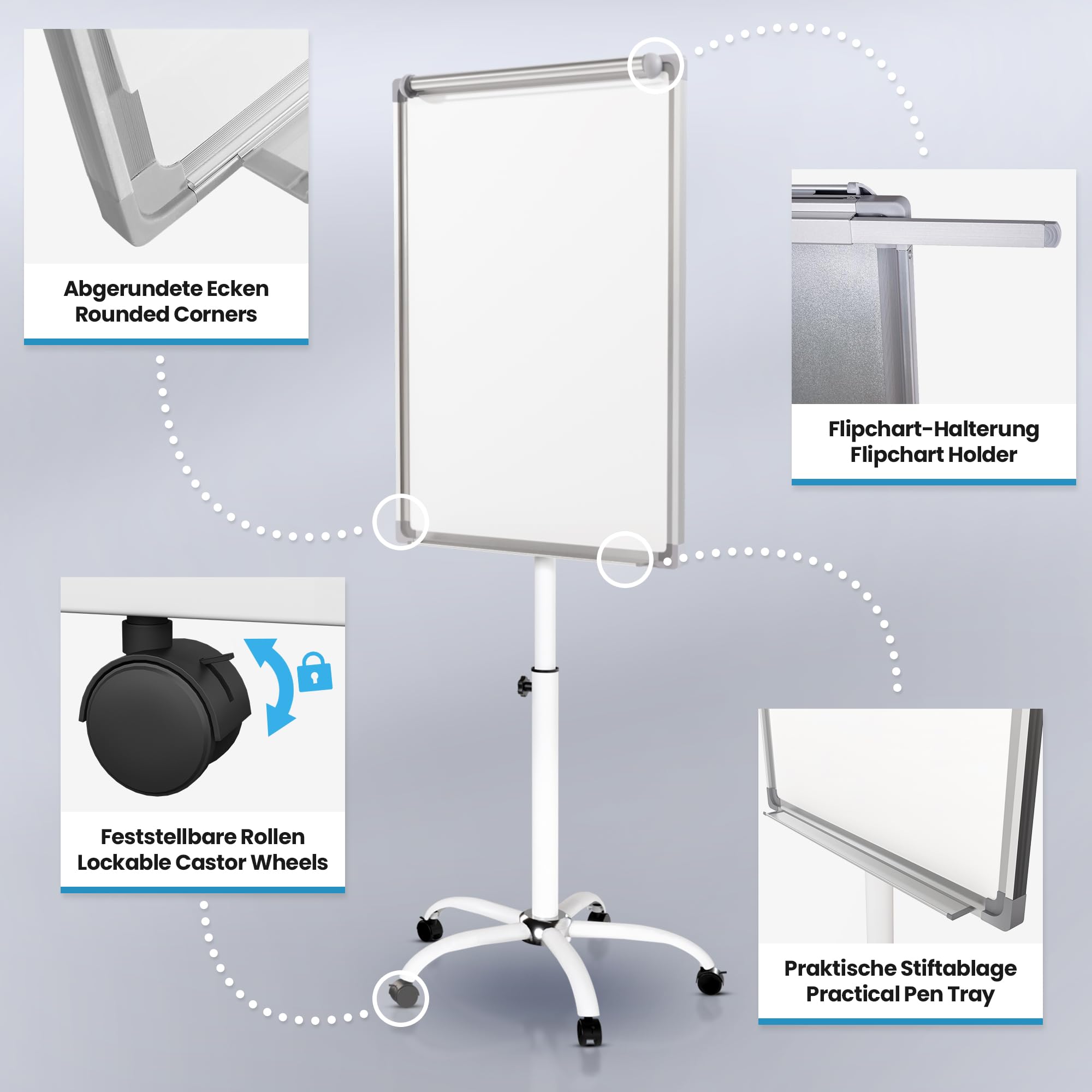 Jago® Lavagna a Fogli Mobili - con Ruote, 60 x 90 cm, Altezza Regolabile, 2 Bracci Estensibili, con Pennarelli, Magneti, Spugna - Lavagna Portablocco, Flipchart, Bacheca Magnetica