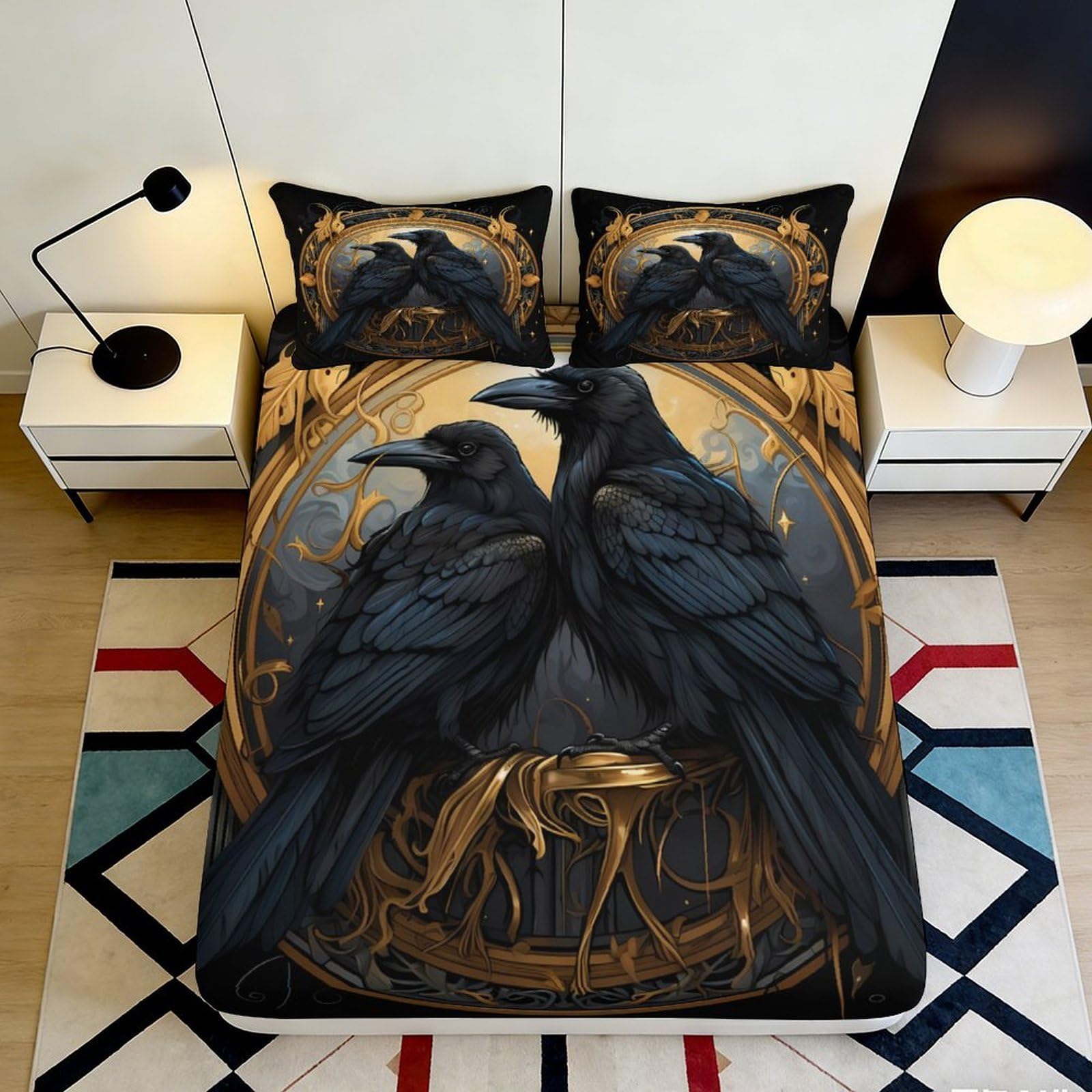 3D Printed Raven Art Fitted Sheet Microfiber Soft Black Gold Gothic Bird Bed Cover for Bedroom Dorm Mattress Protection 90x200x25cm