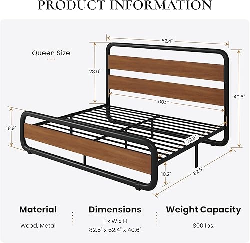 Miniatura 14 de Estructura de cama SHA CERLIN de tamaño matrimonial con cabecero y pie de cama de madera, estructura de cama de plataforma resistente con