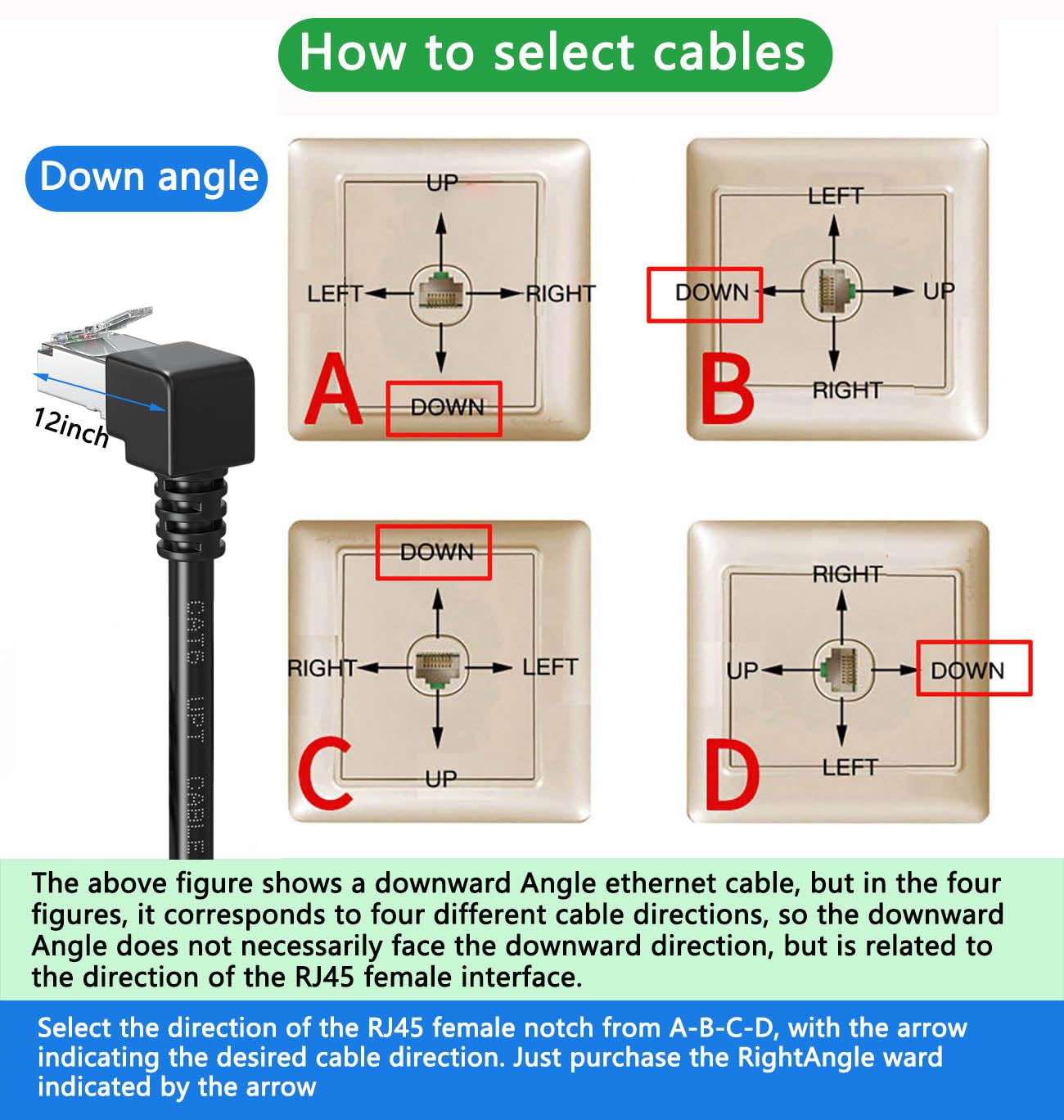 Lot de 2 câbles d'extension Cat6 à 90 degrés, rallonge Ethernet CAT 6 à angle droit RJ45 cordon de raccordement réseau mâle vers femelle à angle vers le bas