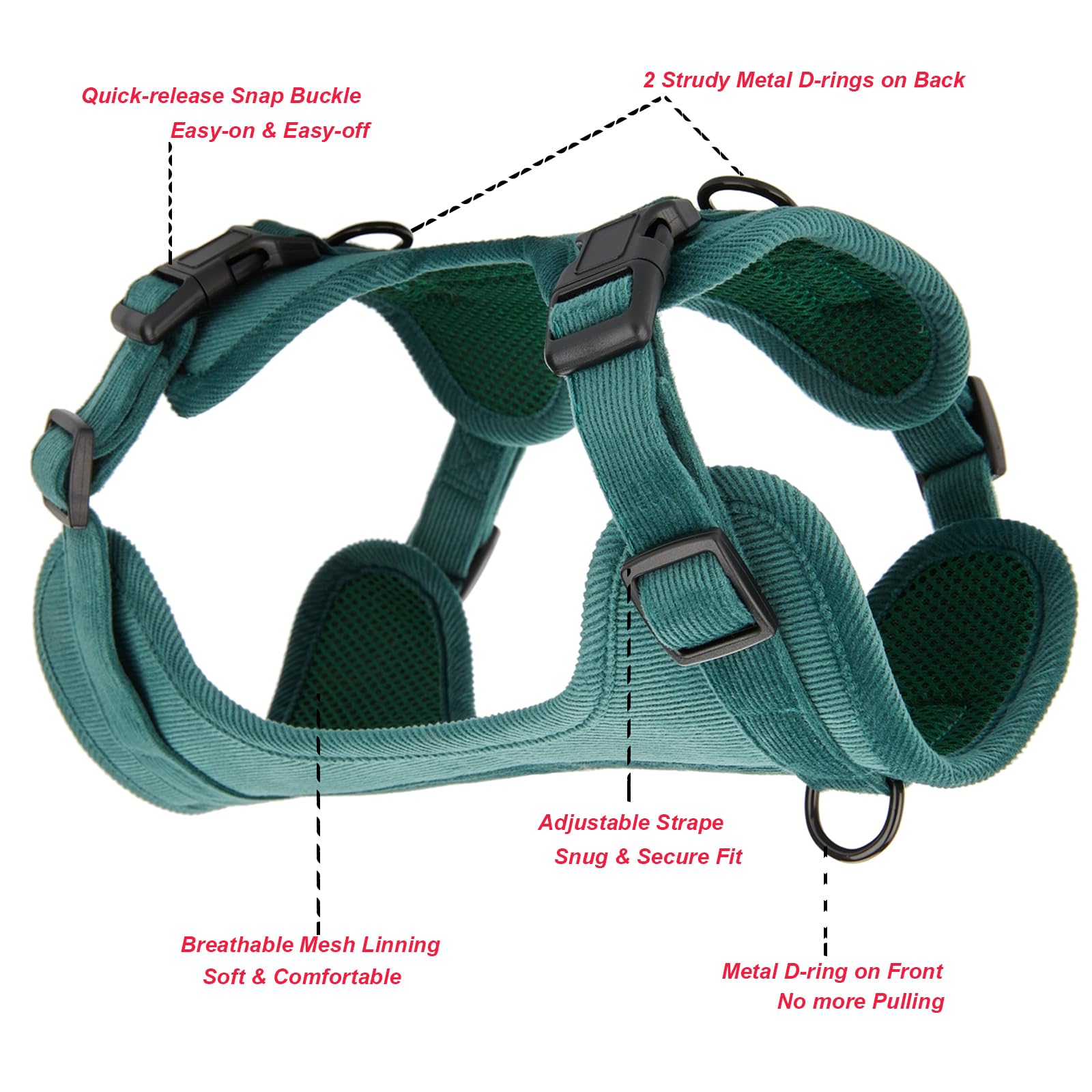 YUDOTE Dog Harness and Lead Set,Soft Corduroy and Mesh Padded Vest Harnesses with 1.5m Leash for Small Dogs with sensitive skin Green - Image 3